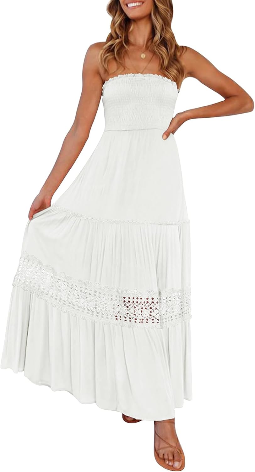 ZESICA Women's 2025 Summer Bohemian Strapless Off Shoulder Lace Trim Backless Flowy A Line Beach Long Maxi Dress