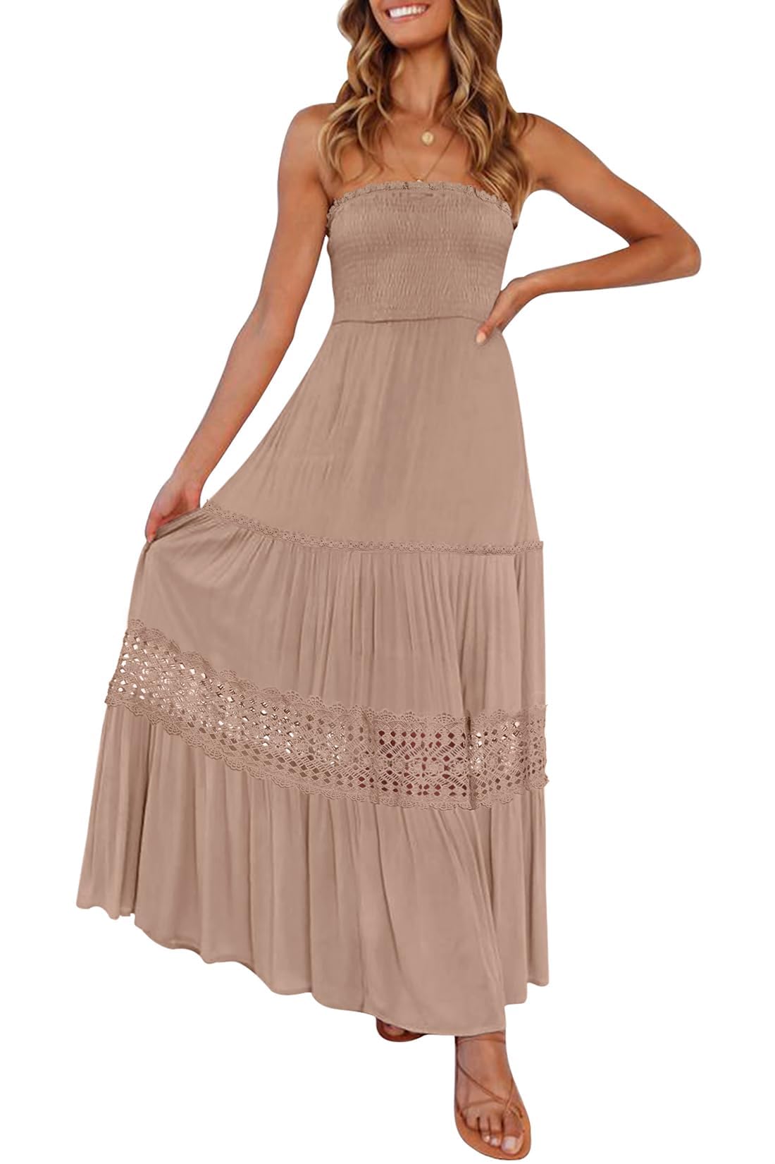 ZESICA Women's 2025 Summer Bohemian Strapless Off Shoulder Lace Trim Backless Flowy A Line Beach Long Maxi Dress