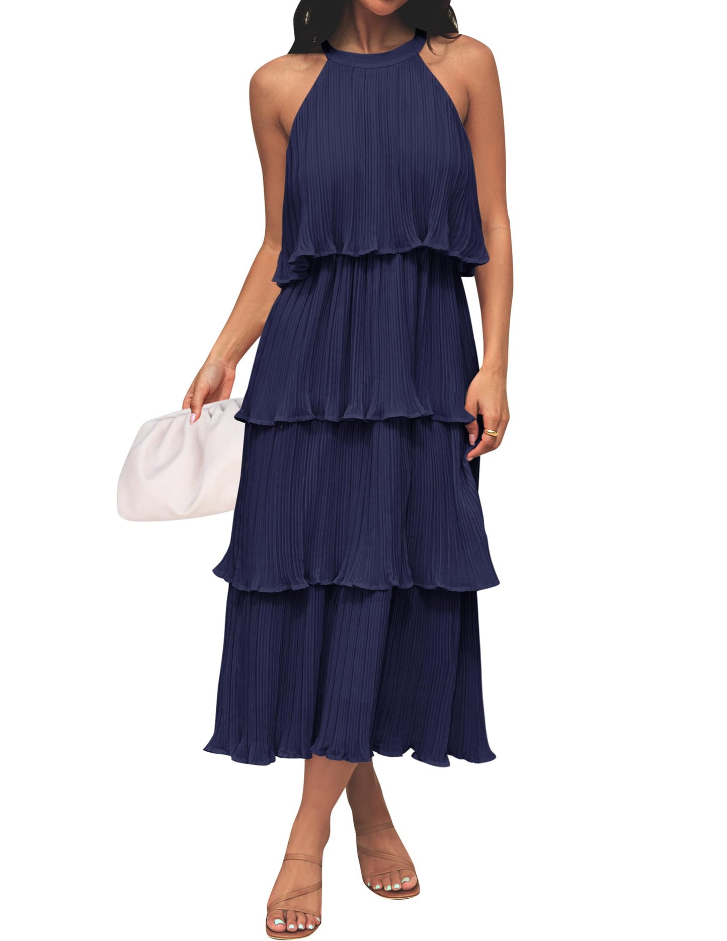 ZESICA Women's 2025 Summer Sleeveless Halter Neck Ruffle Tiered Layed Chiffon Flowy Swing Long Midi Dress