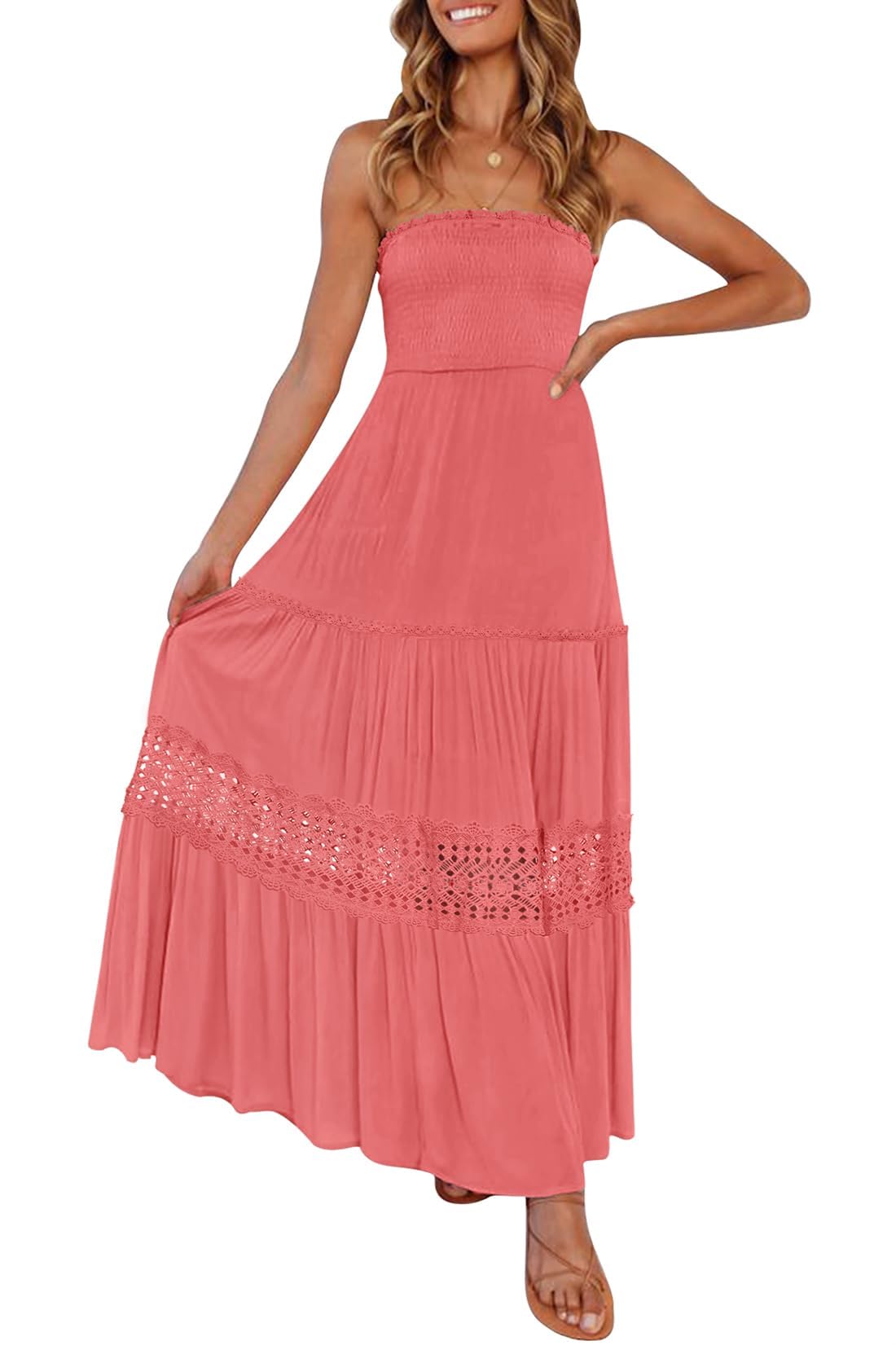ZESICA Women's 2025 Summer Bohemian Strapless Off Shoulder Lace Trim Backless Flowy A Line Beach Long Maxi Dress