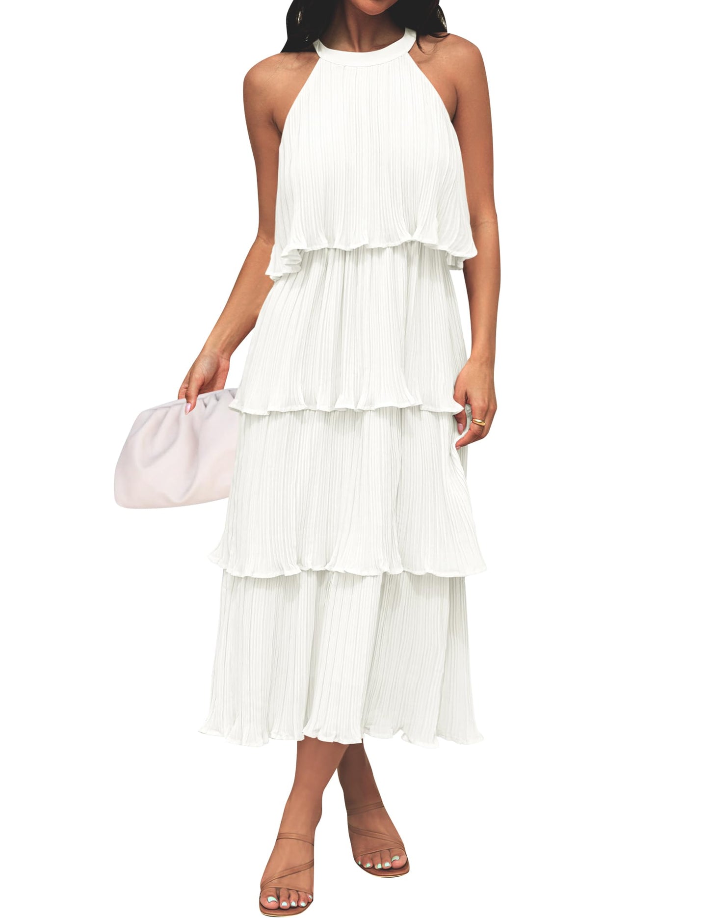 ZESICA Women's 2025 Summer Sleeveless Halter Neck Ruffle Tiered Layed Chiffon Flowy Swing Long Midi Dress