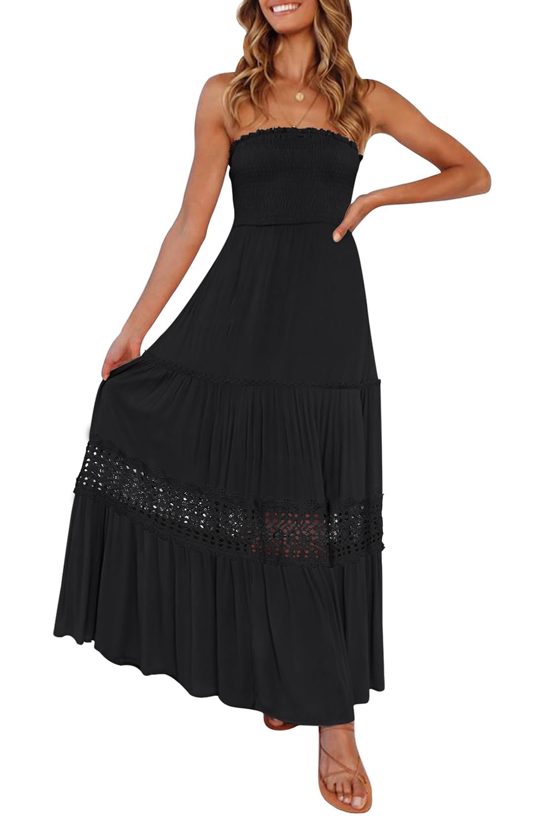 ZESICA Women's 2025 Summer Bohemian Strapless Off Shoulder Lace Trim Backless Flowy A Line Beach Long Maxi Dress