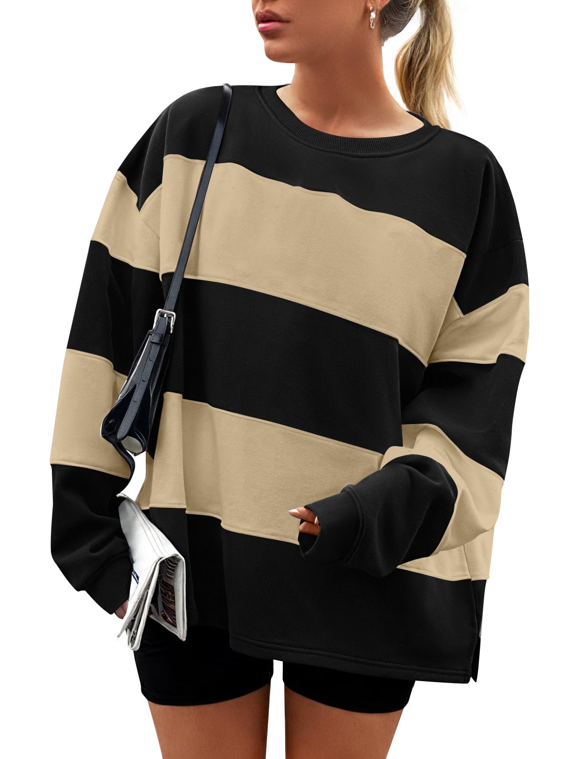 ZESICA Women's Fall Sweatshirt Tops Crewneck Long Sleeve Loose Oversized Striped Fleece Pullover 2025 Clothes