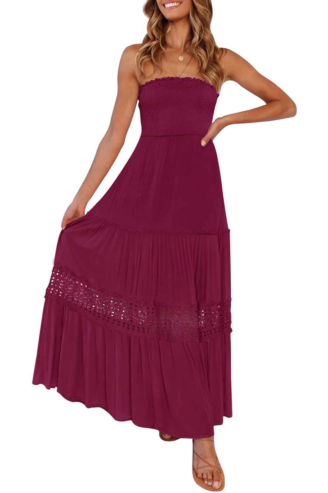 ZESICA Women's 2025 Summer Bohemian Strapless Off Shoulder Lace Trim Backless Flowy A Line Beach Long Maxi Dress