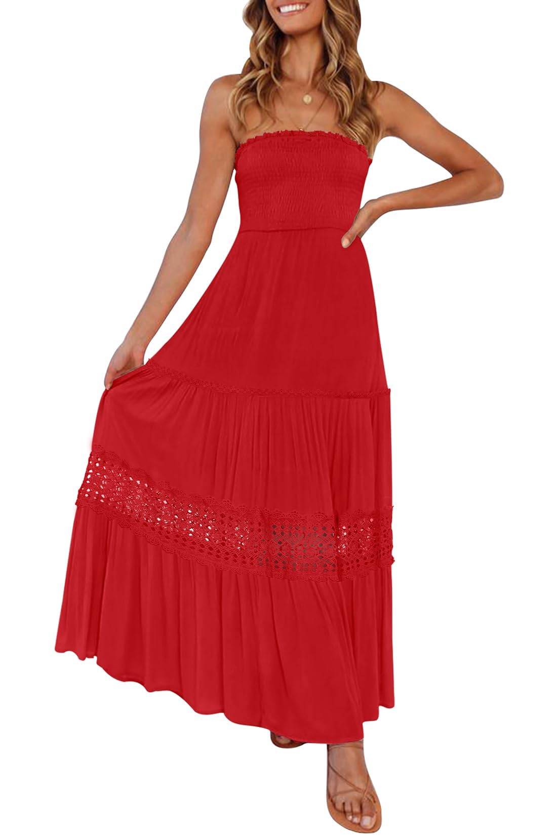 ZESICA Women's 2025 Summer Bohemian Strapless Off Shoulder Lace Trim Backless Flowy A Line Beach Long Maxi Dress