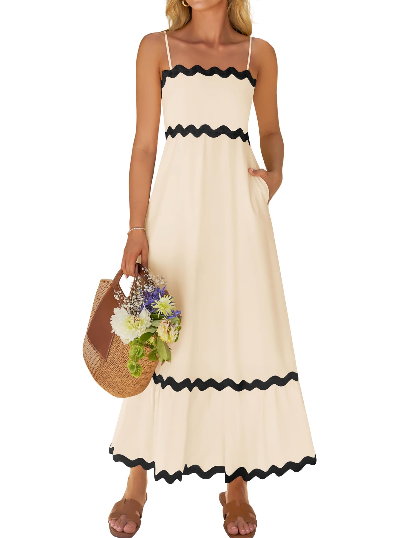 ZESICA Women's 2025 Summer Spaghetti Straps Sleeveless Backless Sundress Flowy Smocked Lace Swing A Line Midi Dress