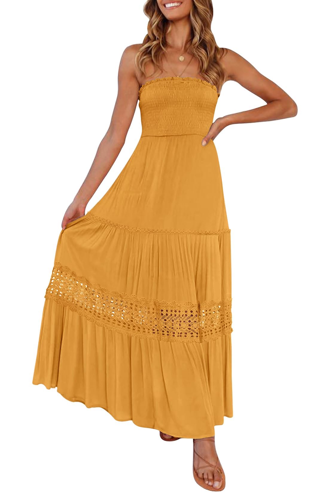 ZESICA Women's 2025 Summer Bohemian Strapless Off Shoulder Lace Trim Backless Flowy A Line Beach Long Maxi Dress
