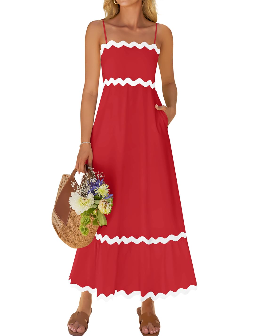 ZESICA Women's 2025 Summer Spaghetti Straps Sleeveless Backless Sundress Flowy Smocked Lace Swing A Line Midi Dress