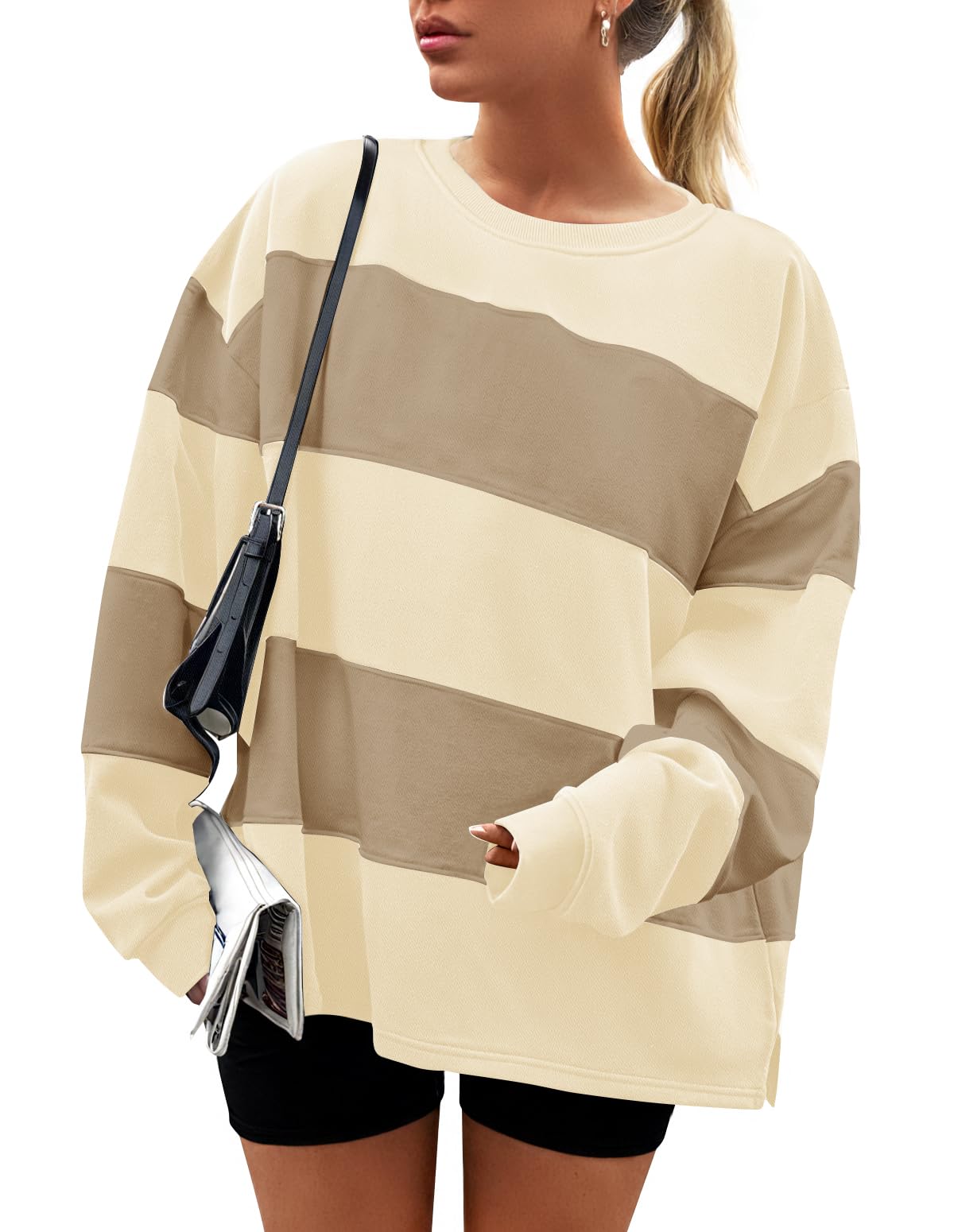 ZESICA Women's Fall Sweatshirt Tops Crewneck Long Sleeve Loose Oversized Striped Fleece Pullover 2025 Clothes