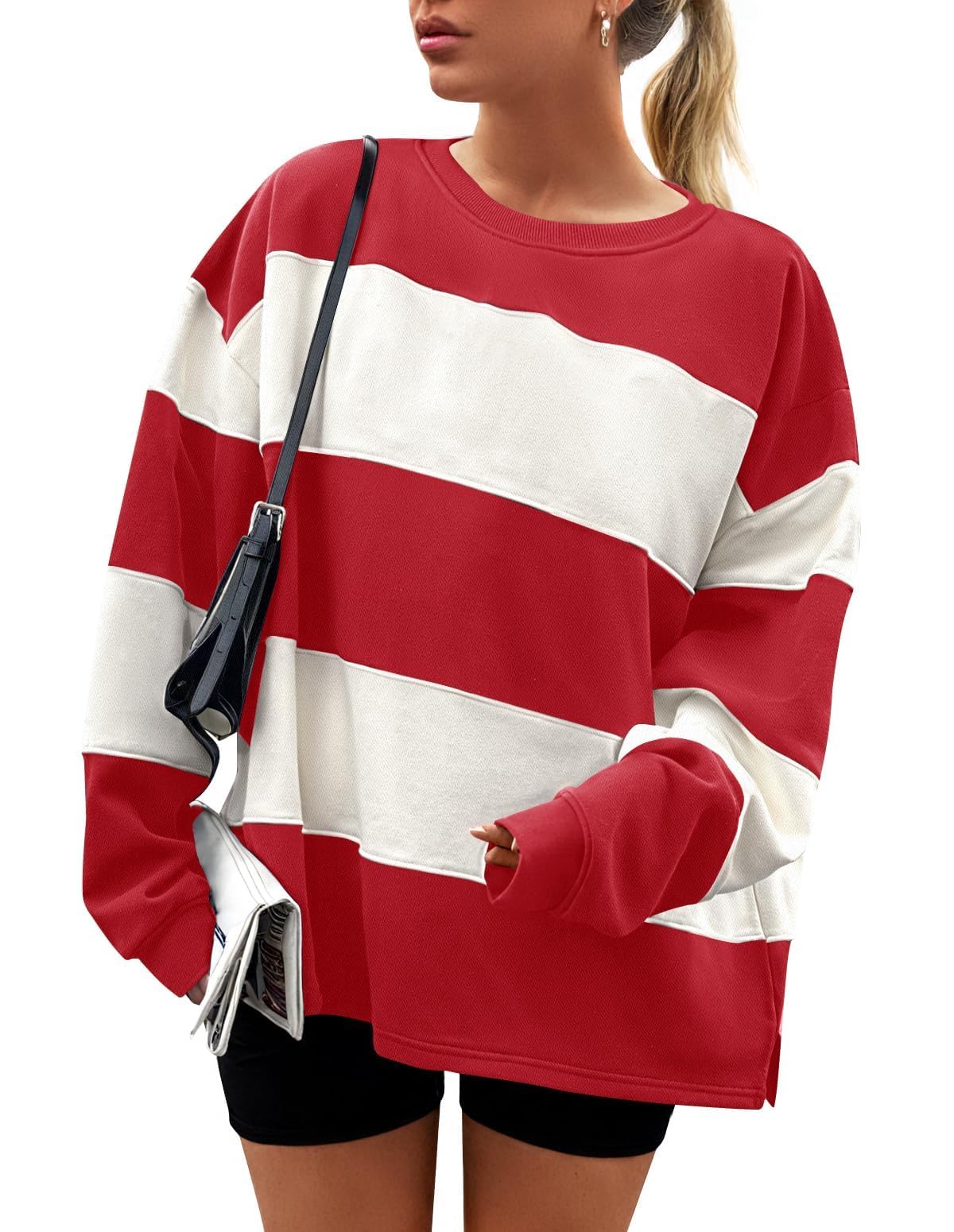 ZESICA Women's Fall Sweatshirt Tops Crewneck Long Sleeve Loose Oversized Striped Fleece Pullover 2025 Clothes