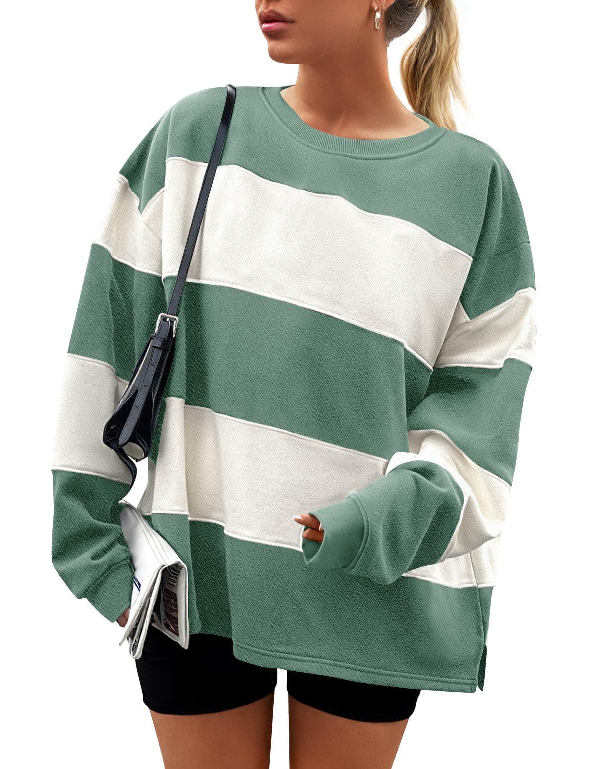ZESICA Women's Fall Sweatshirt Tops Crewneck Long Sleeve Loose Oversized Striped Fleece Pullover 2025 Clothes