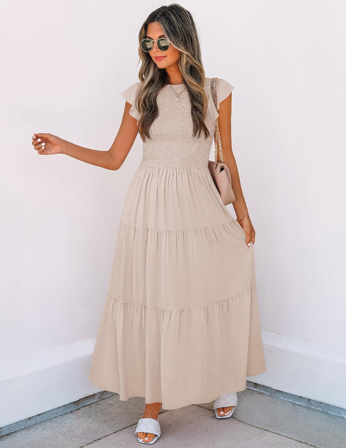 ZESICA Women's 2025 Summer Casual Flutter Short Sleeve Crew Neck Smocked Elastic Waist Tiered Midi Dress