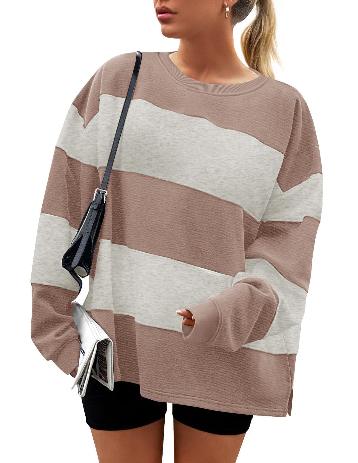 ZESICA Women's Fall Sweatshirt Tops Crewneck Long Sleeve Loose Oversized Striped Fleece Pullover 2025 Clothes