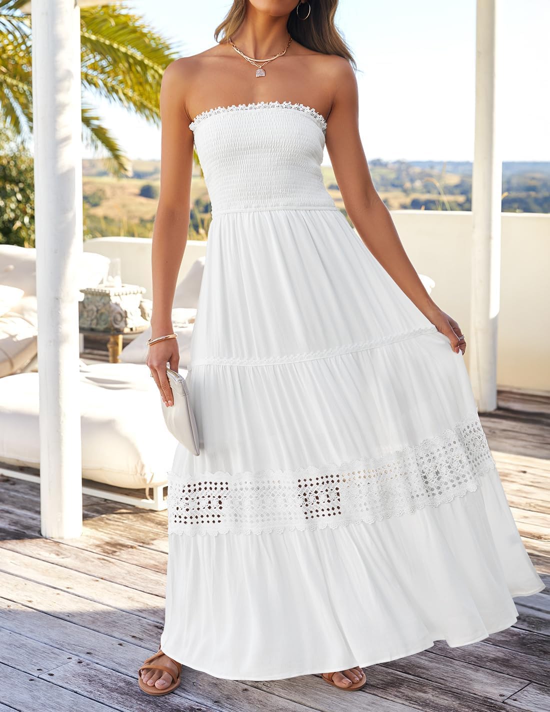 ZESICA Women's 2025 Summer Bohemian Strapless Off Shoulder Lace Trim Backless Flowy A Line Beach Long Maxi Dress
