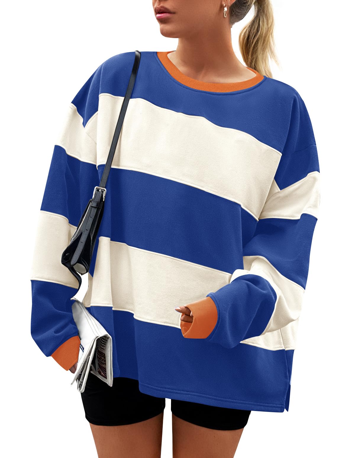 ZESICA Women's Fall Sweatshirt Tops Crewneck Long Sleeve Loose Oversized Striped Fleece Pullover 2025 Clothes