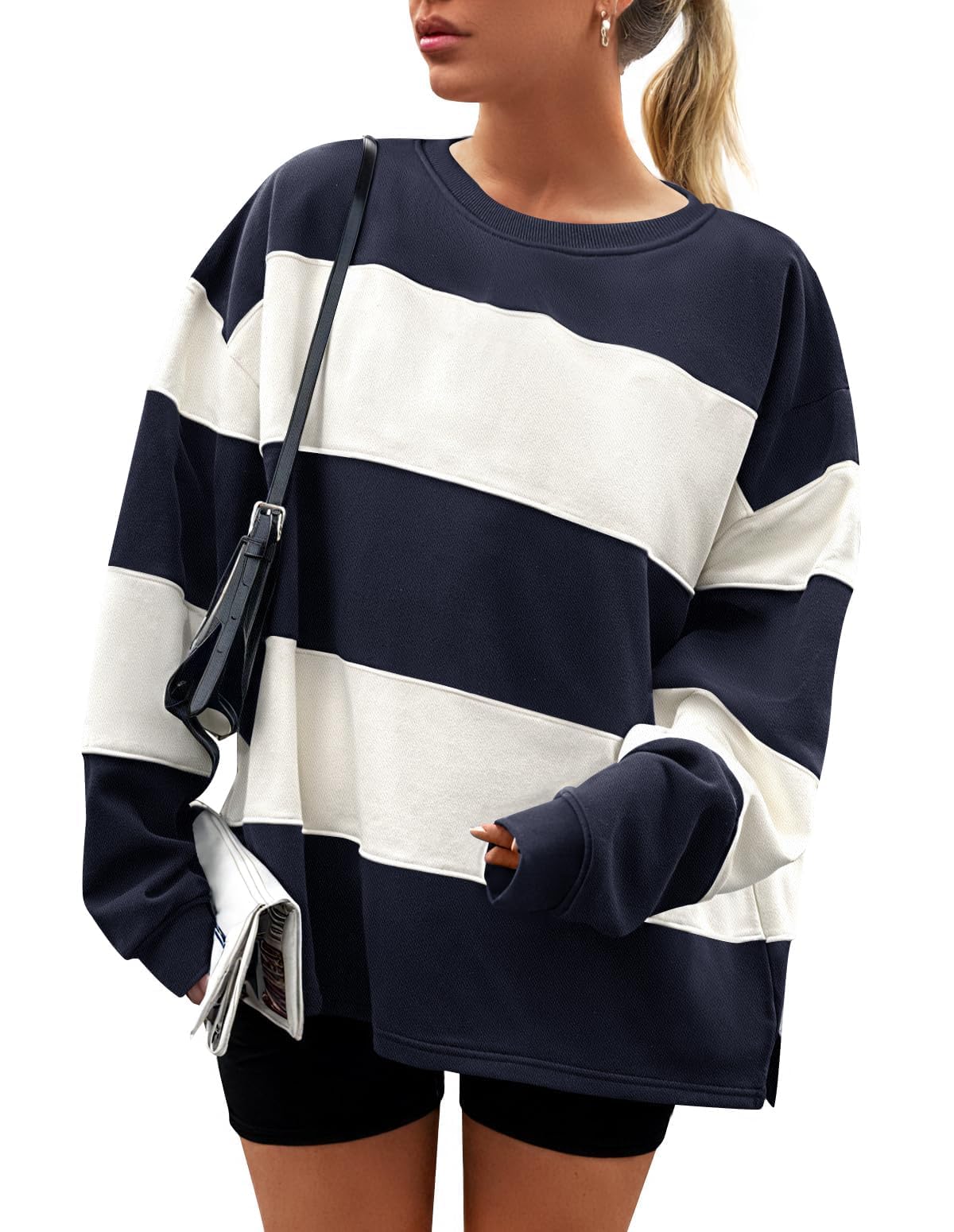 ZESICA Women's Fall Sweatshirt Tops Crewneck Long Sleeve Loose Oversized Striped Fleece Pullover 2025 Clothes