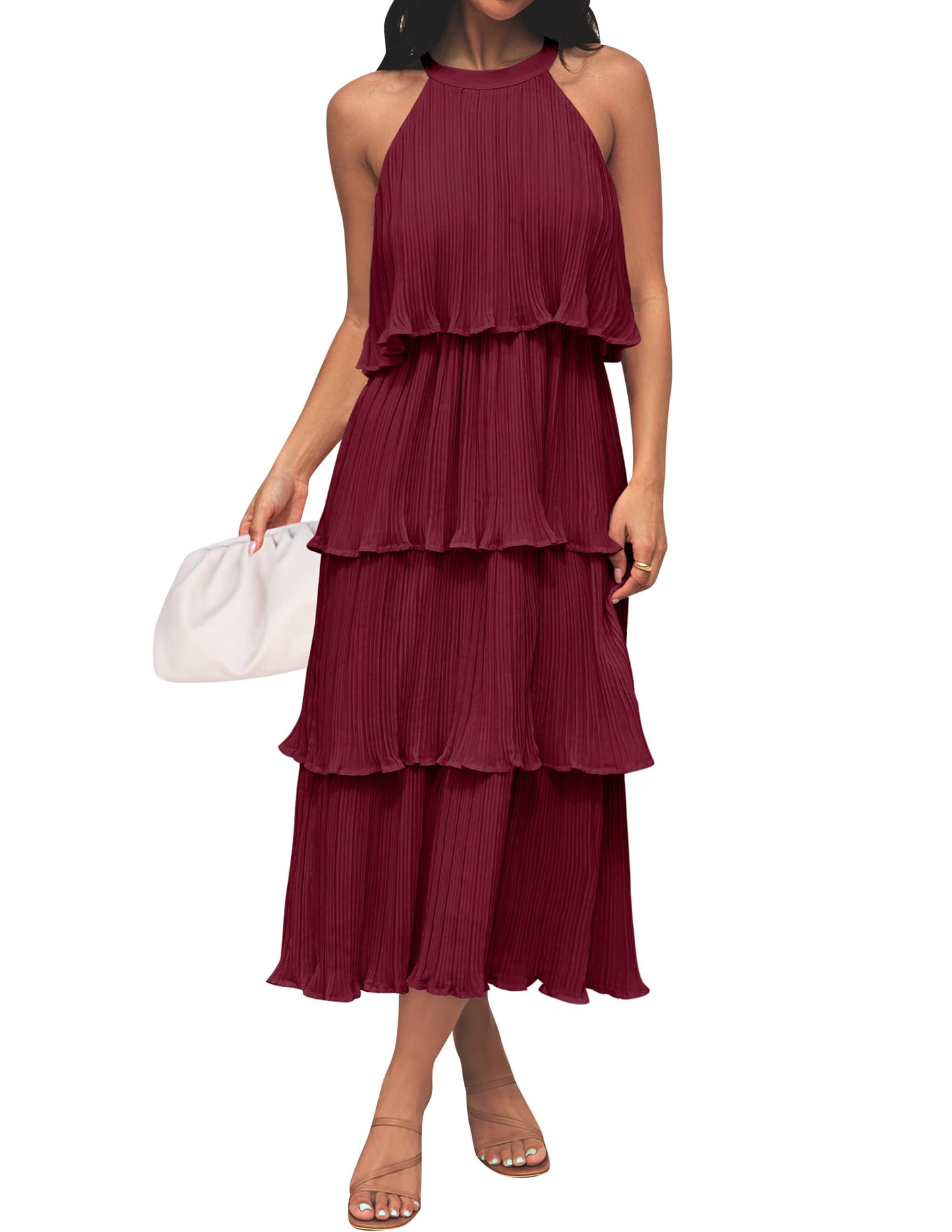 ZESICA Women's 2025 Summer Sleeveless Halter Neck Ruffle Tiered Layed Chiffon Flowy Swing Long Midi Dress
