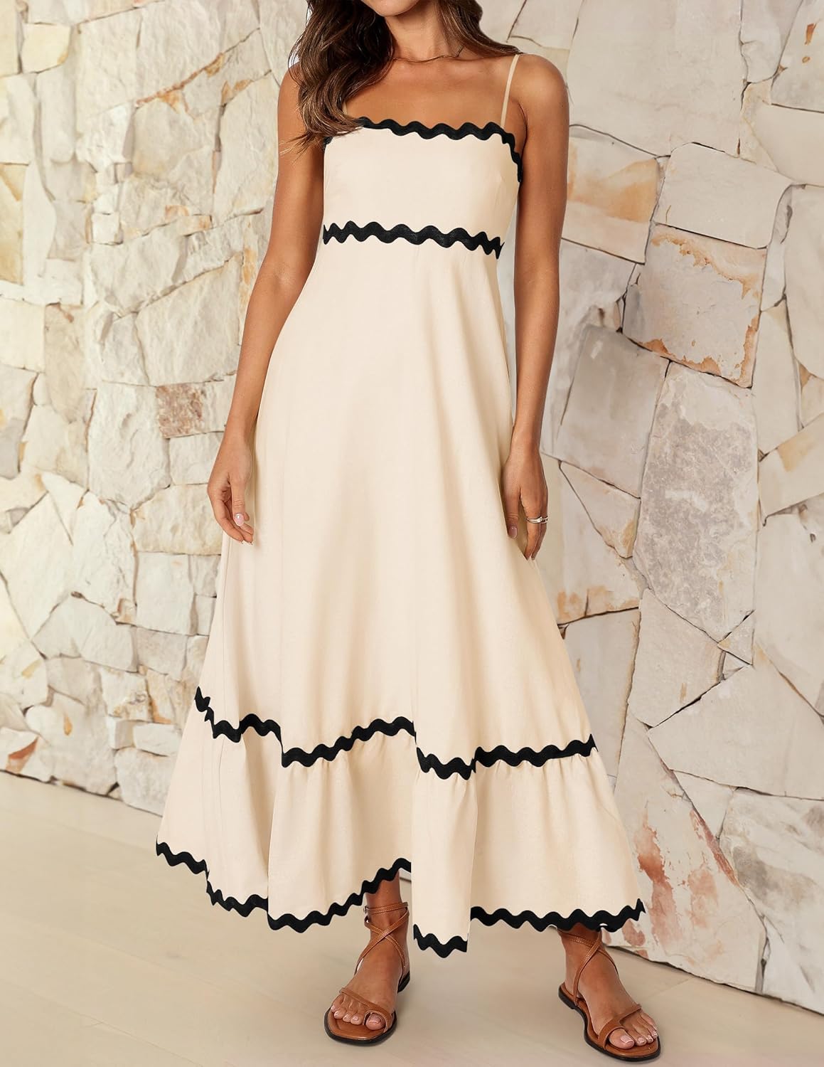 ZESICA Women's 2025 Summer Spaghetti Straps Sleeveless Backless Sundress Flowy Smocked Lace Swing A Line Midi Dress