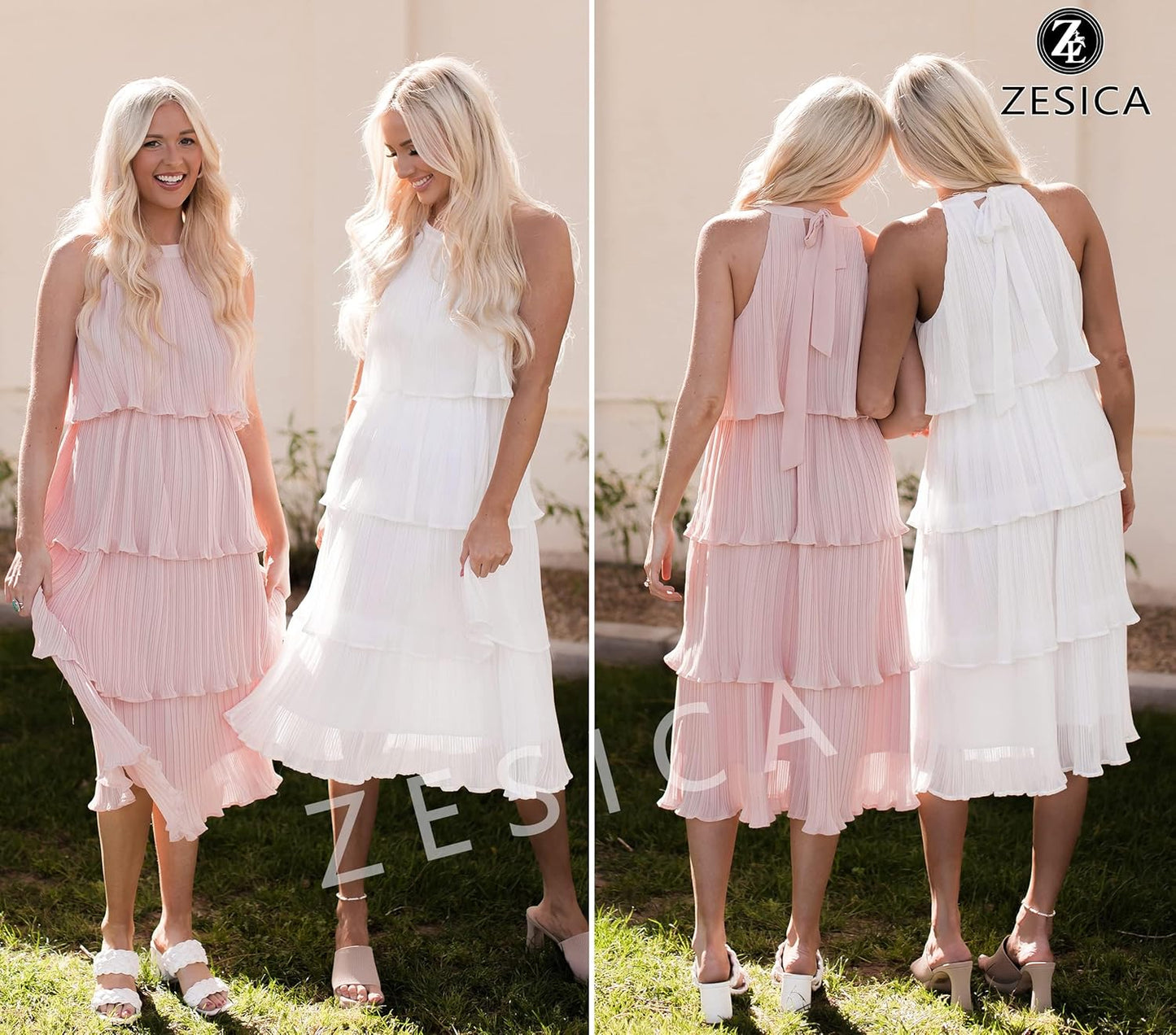 ZESICA Women's 2025 Summer Sleeveless Halter Neck Ruffle Tiered Layed Chiffon Flowy Swing Long Midi Dress