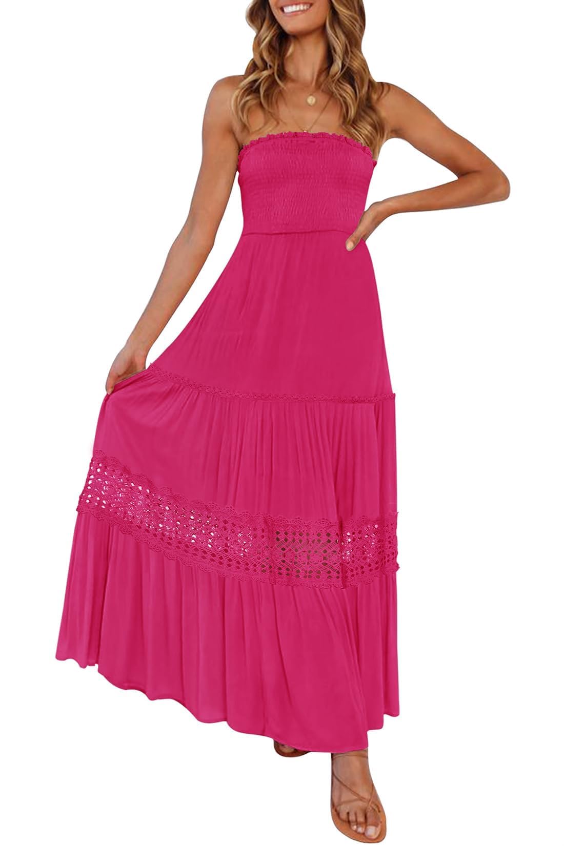 ZESICA Women's 2025 Summer Bohemian Strapless Off Shoulder Lace Trim Backless Flowy A Line Beach Long Maxi Dress