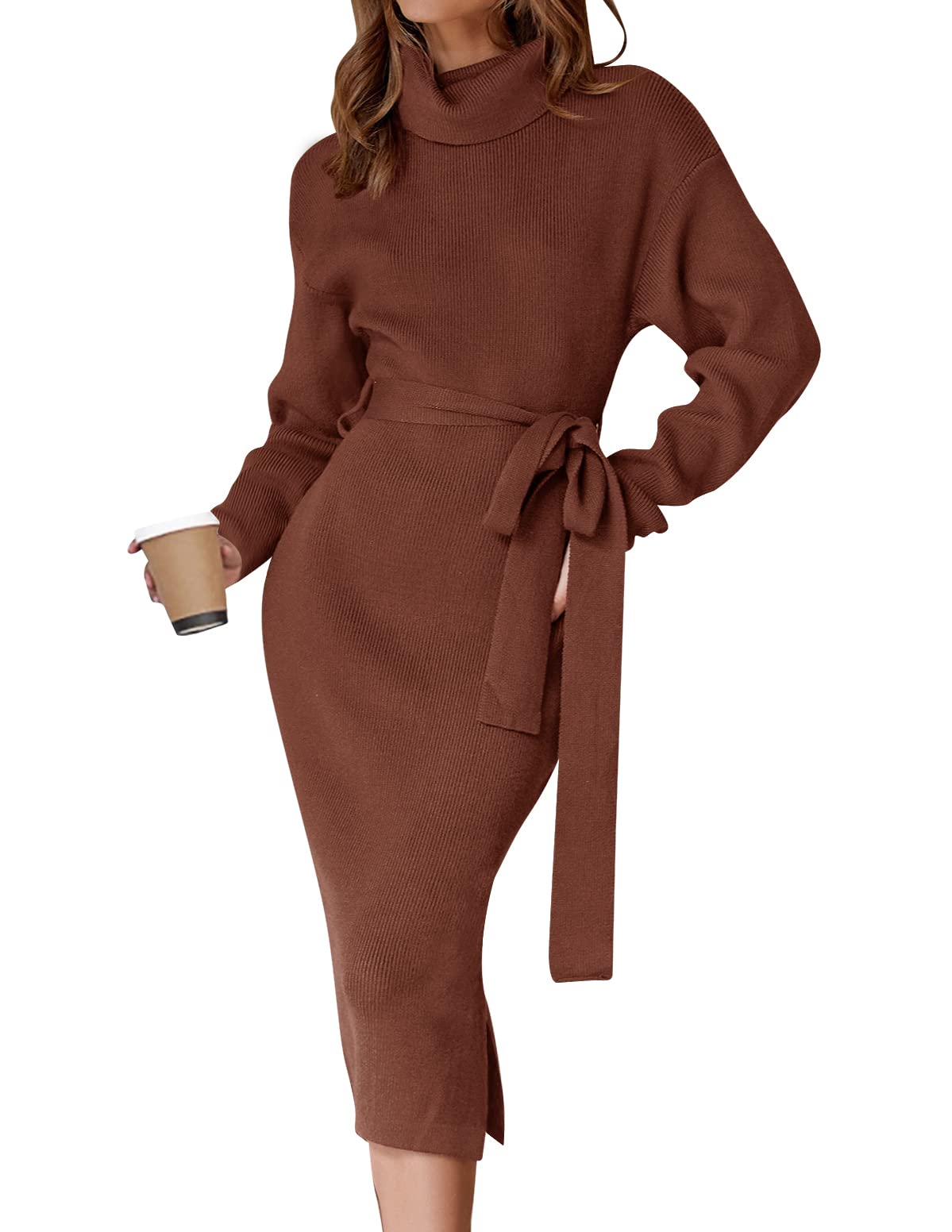 ZESICA Women's Turtleneck Sweater Midi Dress Long Sleeve Ribbed Knit Bodycon Slit Dress with Belt