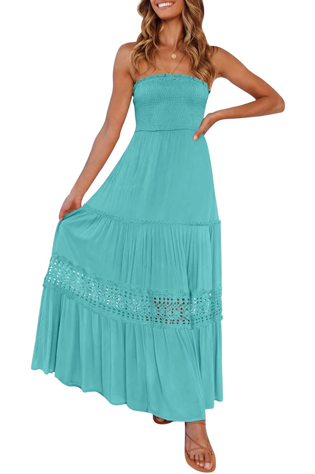ZESICA Women's 2025 Summer Bohemian Strapless Off Shoulder Lace Trim Backless Flowy A Line Beach Long Maxi Dress