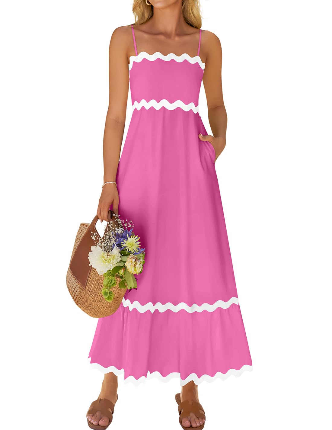 ZESICA Women's 2025 Summer Spaghetti Straps Sleeveless Backless Sundress Flowy Smocked Lace Swing A Line Midi Dress