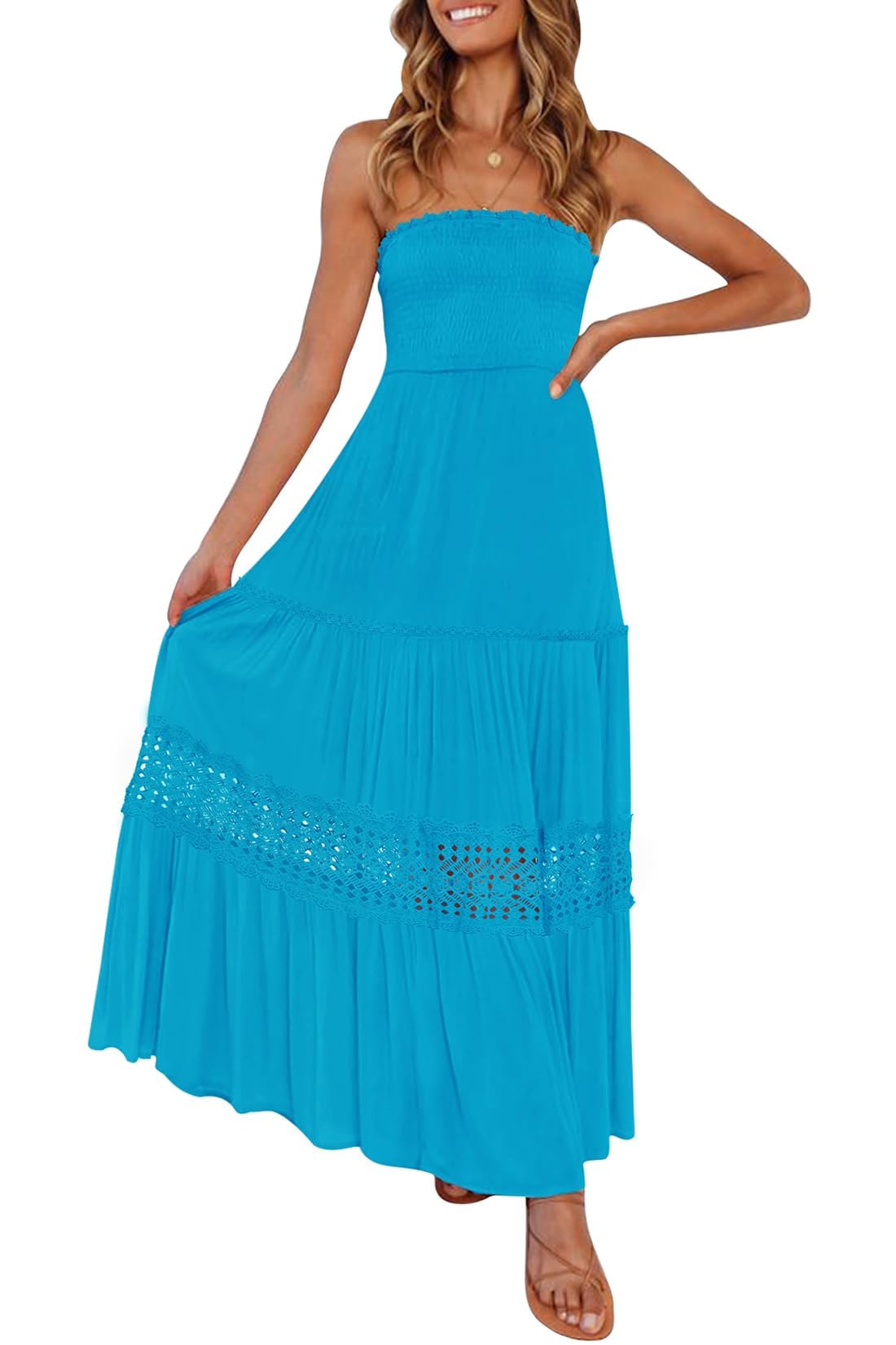 ZESICA Women's 2025 Summer Bohemian Strapless Off Shoulder Lace Trim Backless Flowy A Line Beach Long Maxi Dress