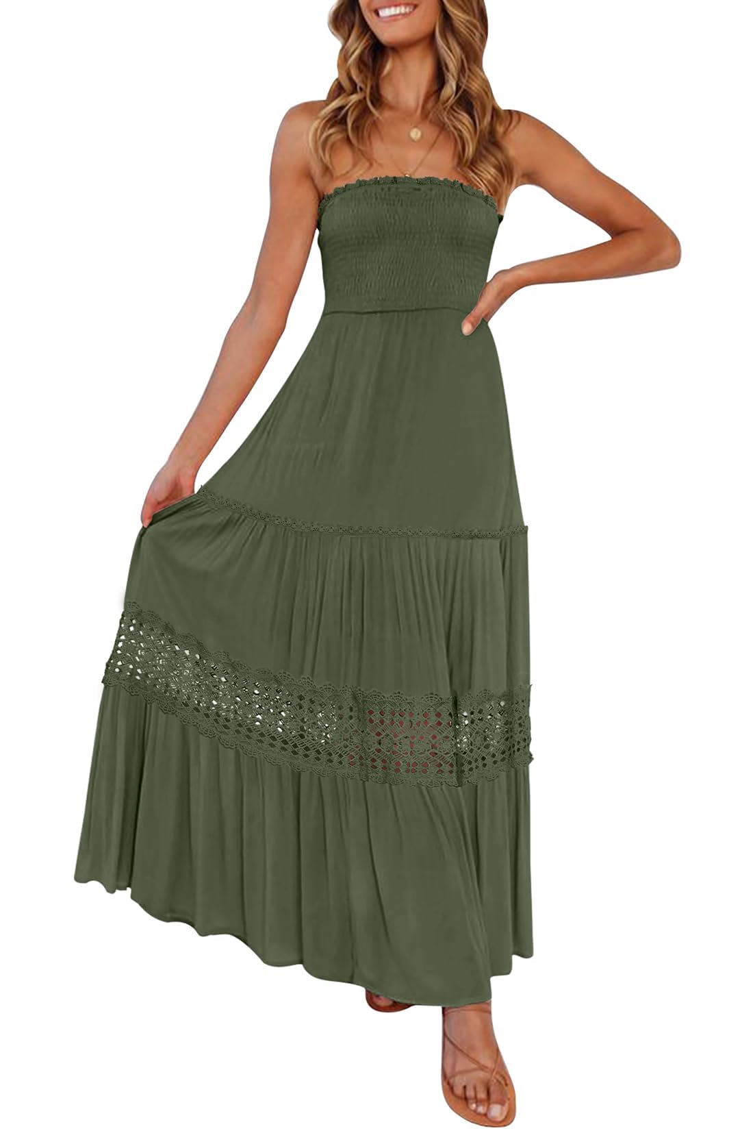 ZESICA Women's 2025 Summer Bohemian Strapless Off Shoulder Lace Trim Backless Flowy A Line Beach Long Maxi Dress