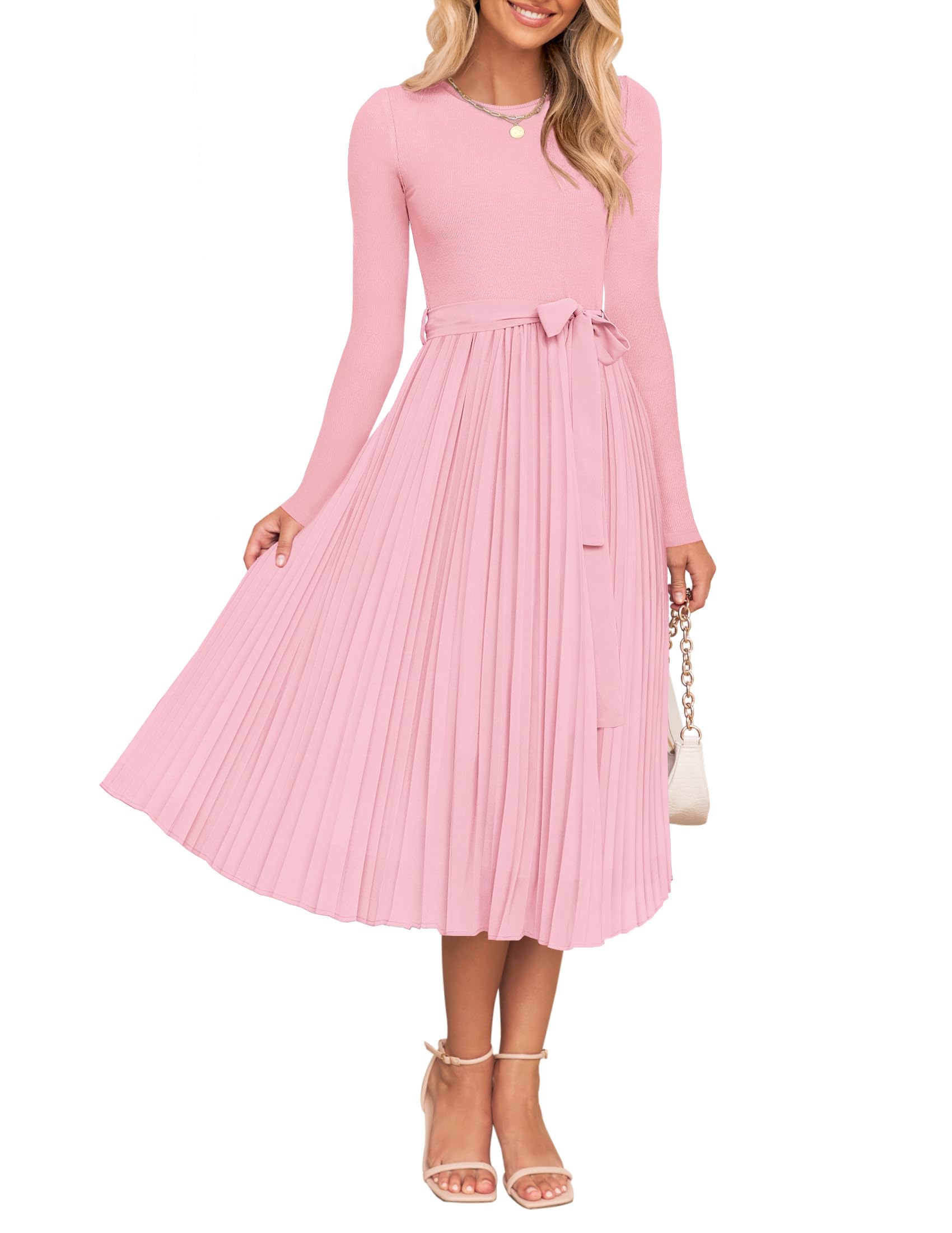 ZESICA Women's Fall Long Sleeve Midi Dress Casual Crewneck Knit Belted Pleated A Line Flowy Party Dresses