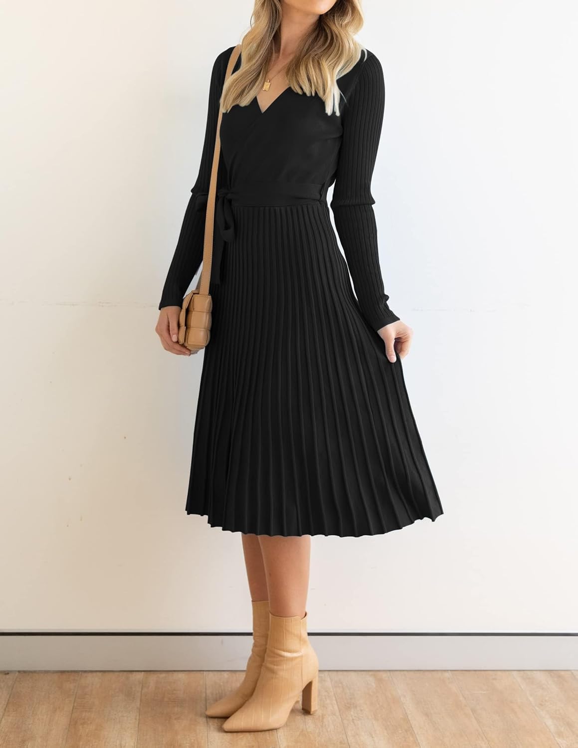 ZESICA Women's Fall Long Sleeve Wrap V Neck Ribbed Knit Pleated A Line Pullover Sweater Dress with Belt