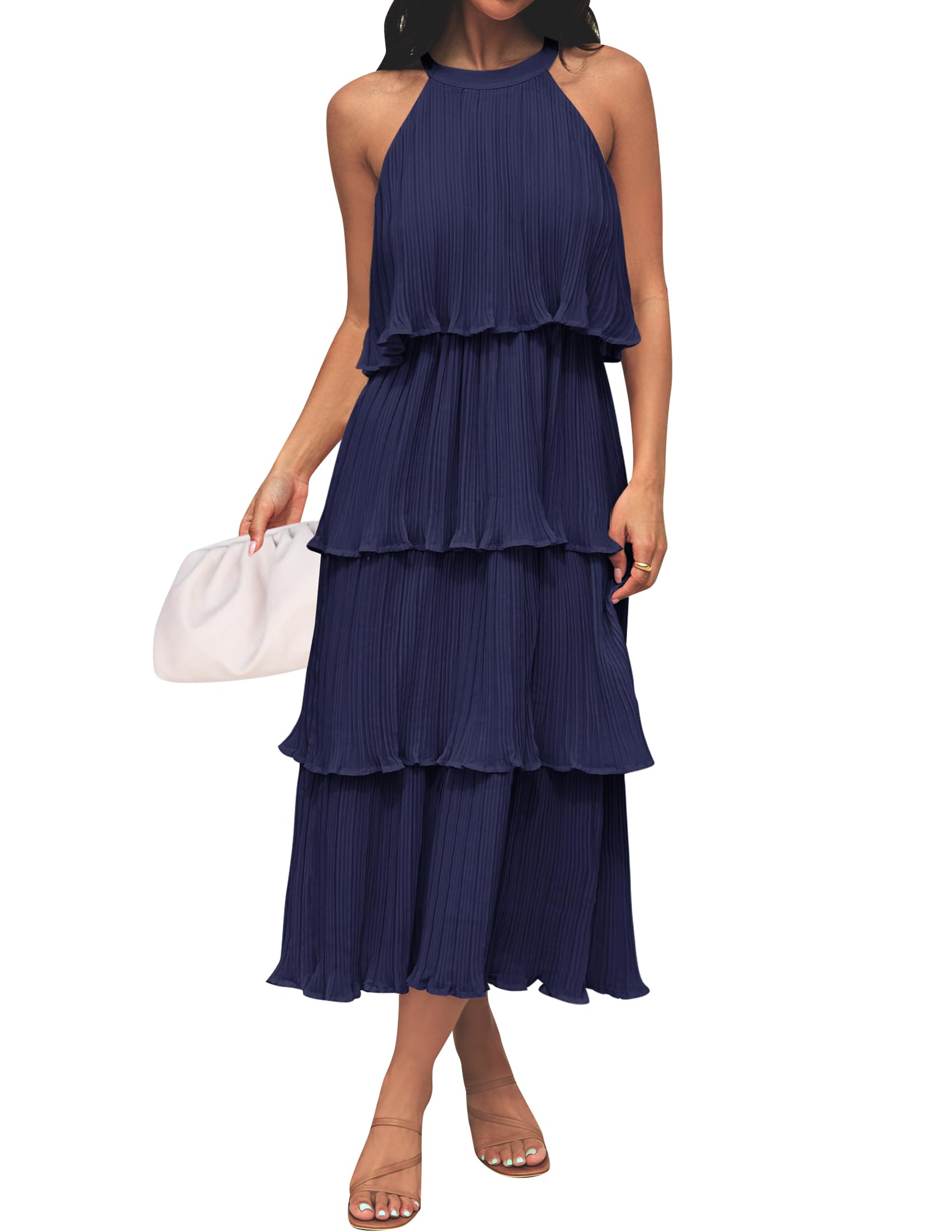ZESICA Women's 2025 Summer Sleeveless Halter Neck Ruffle Tiered Layed Chiffon Flowy Swing Long Midi Dress