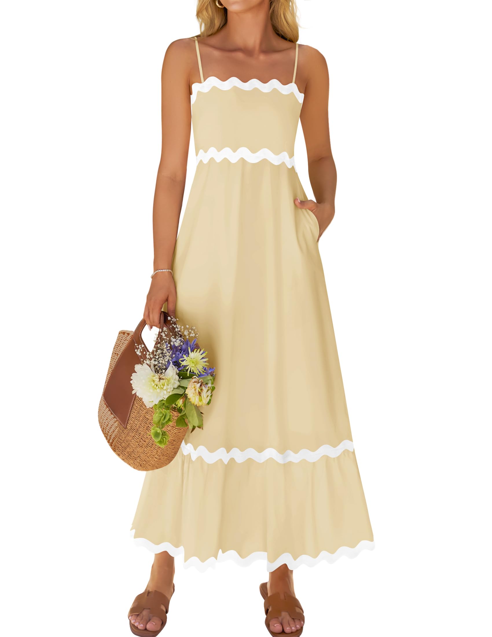 ZESICA Women's 2025 Summer Spaghetti Straps Sleeveless Backless Sundress Flowy Smocked Lace Swing A Line Midi Dress