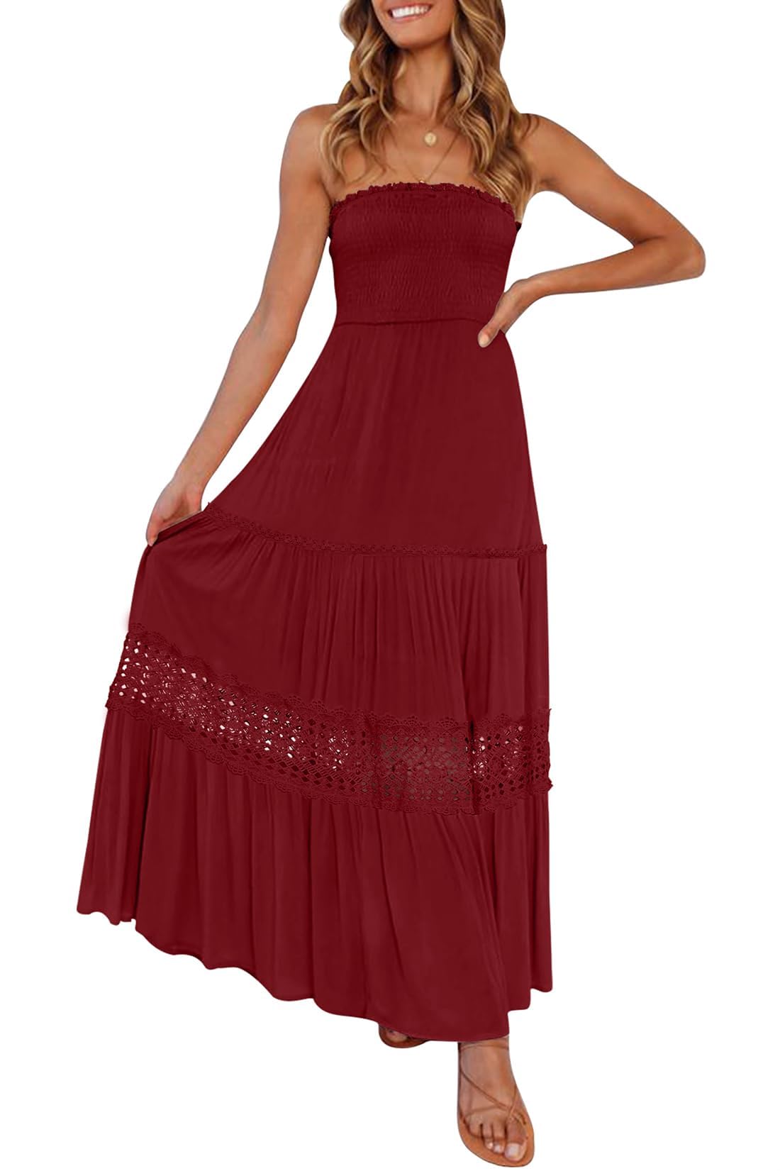 ZESICA Women's 2025 Summer Bohemian Strapless Off Shoulder Lace Trim Backless Flowy A Line Beach Long Maxi Dress