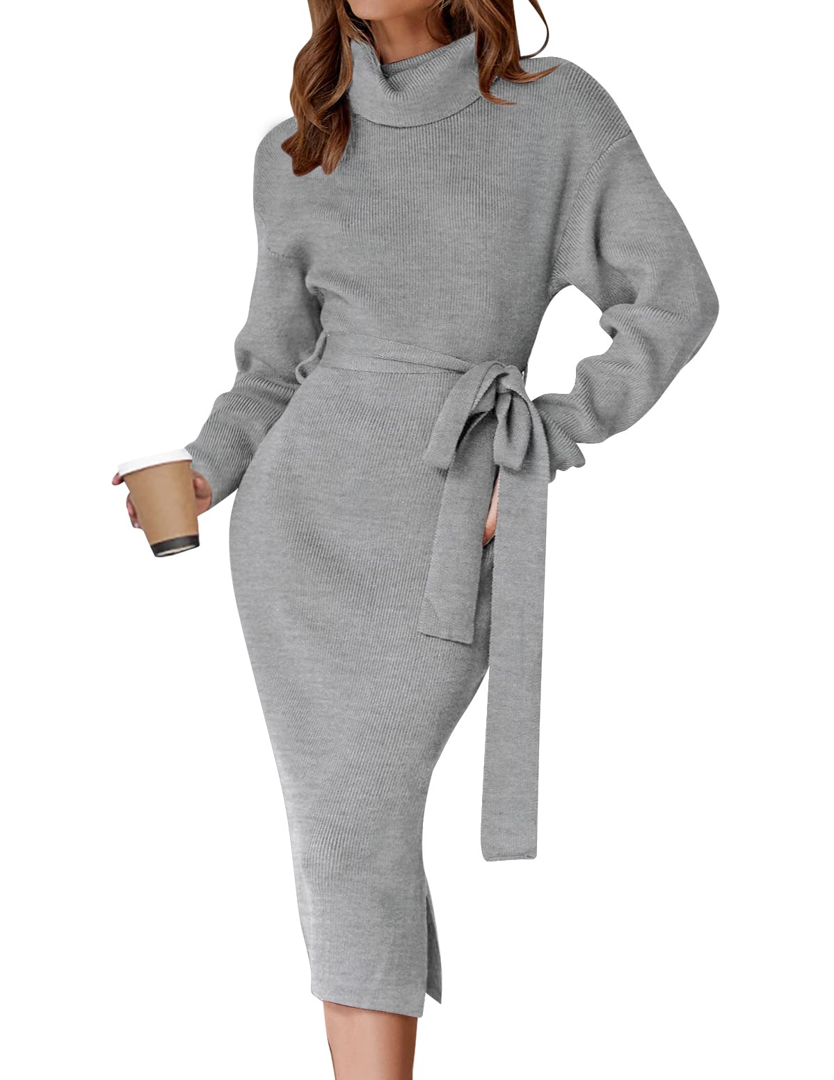 ZESICA Women's Turtleneck Sweater Midi Dress Long Sleeve Ribbed Knit Bodycon Slit Dress with Belt