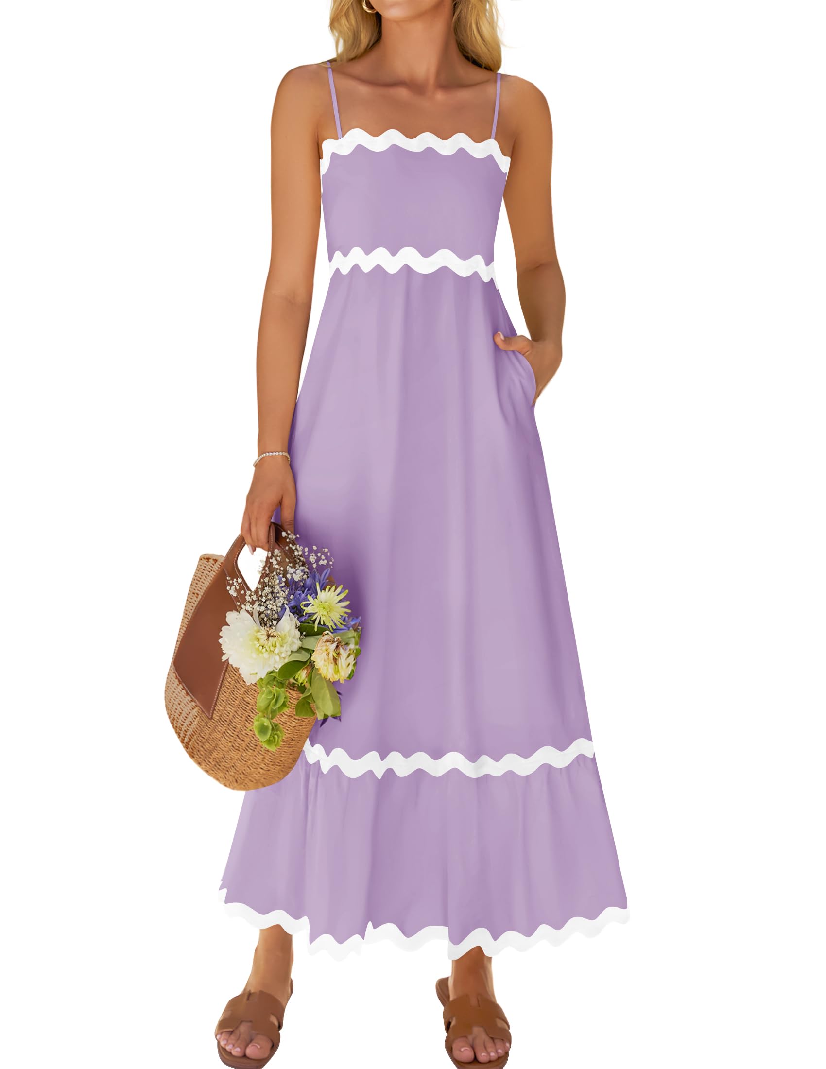 ZESICA Women's 2025 Summer Spaghetti Straps Sleeveless Backless Sundress Flowy Smocked Lace Swing A Line Midi Dress
