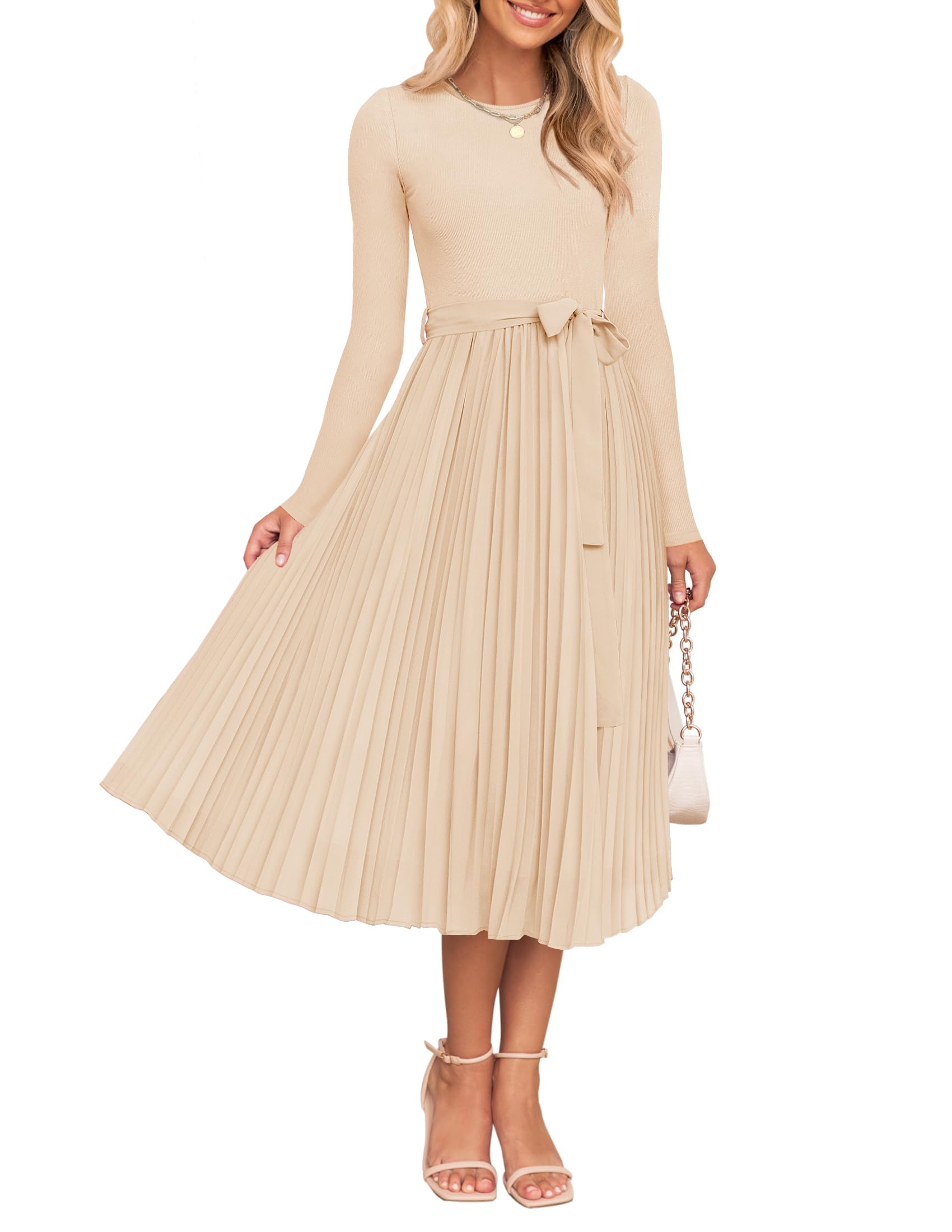 ZESICA Women's Fall Long Sleeve Midi Dress Casual Crewneck Knit Belted Pleated A Line Flowy Party Dresses