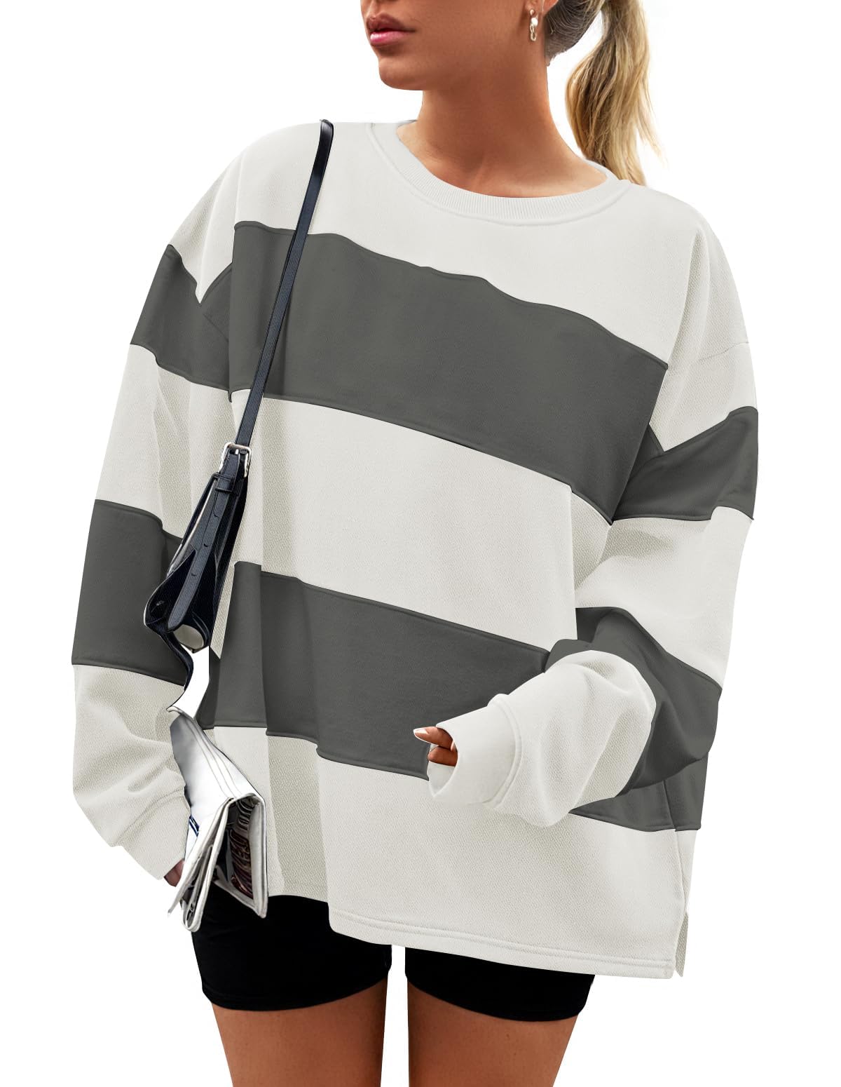 ZESICA Women's Fall Sweatshirt Tops Crewneck Long Sleeve Loose Oversized Striped Fleece Pullover 2025 Clothes