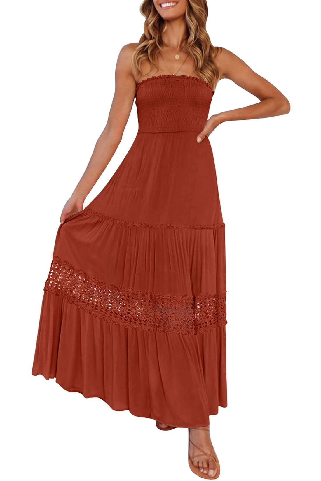 ZESICA Women's 2025 Summer Bohemian Strapless Off Shoulder Lace Trim Backless Flowy A Line Beach Long Maxi Dress