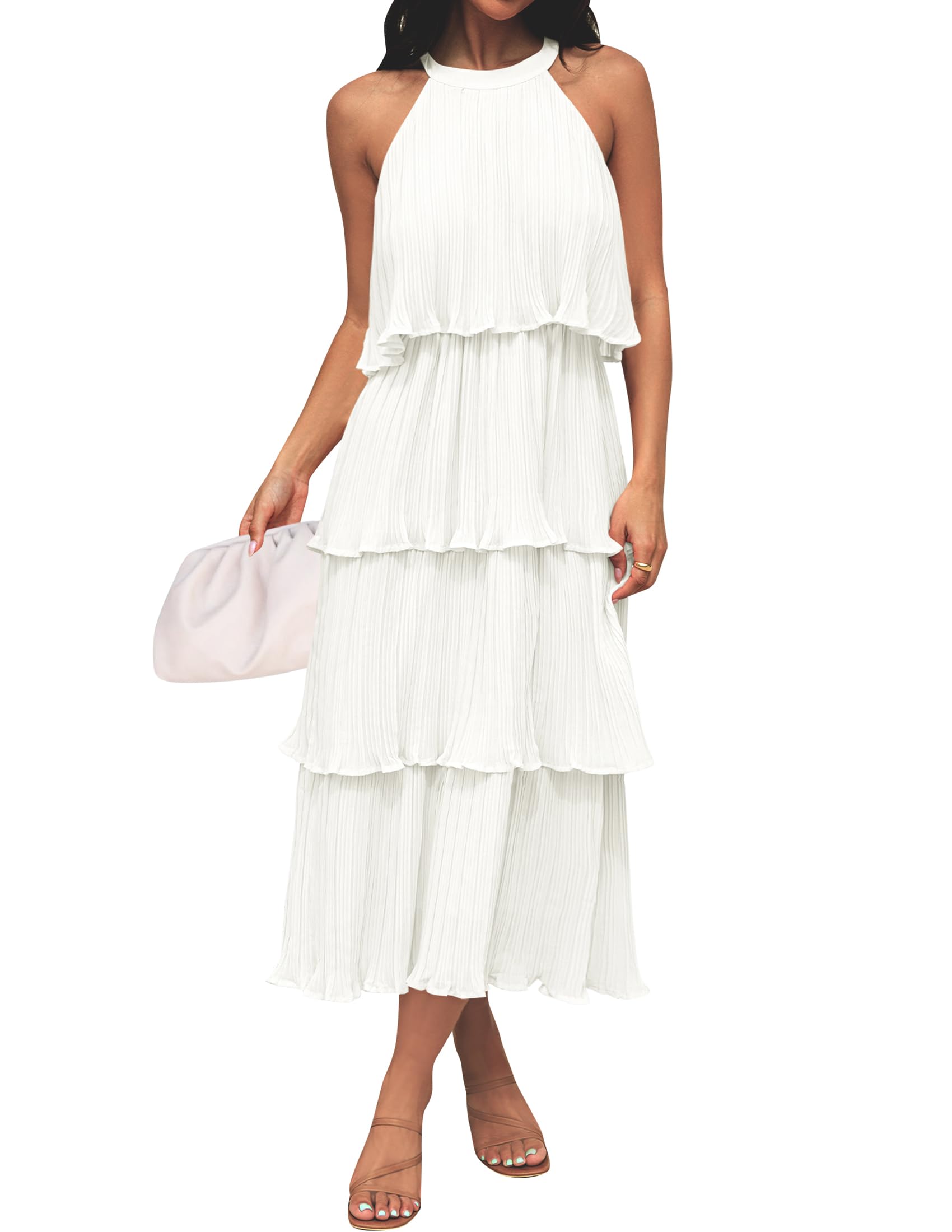 ZESICA Women's 2025 Summer Sleeveless Halter Neck Ruffle Tiered Layed Chiffon Flowy Swing Long Midi Dress