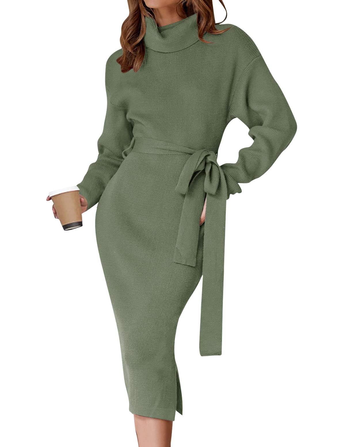 ZESICA Women's Turtleneck Sweater Midi Dress Long Sleeve Ribbed Knit Bodycon Slit Dress with Belt