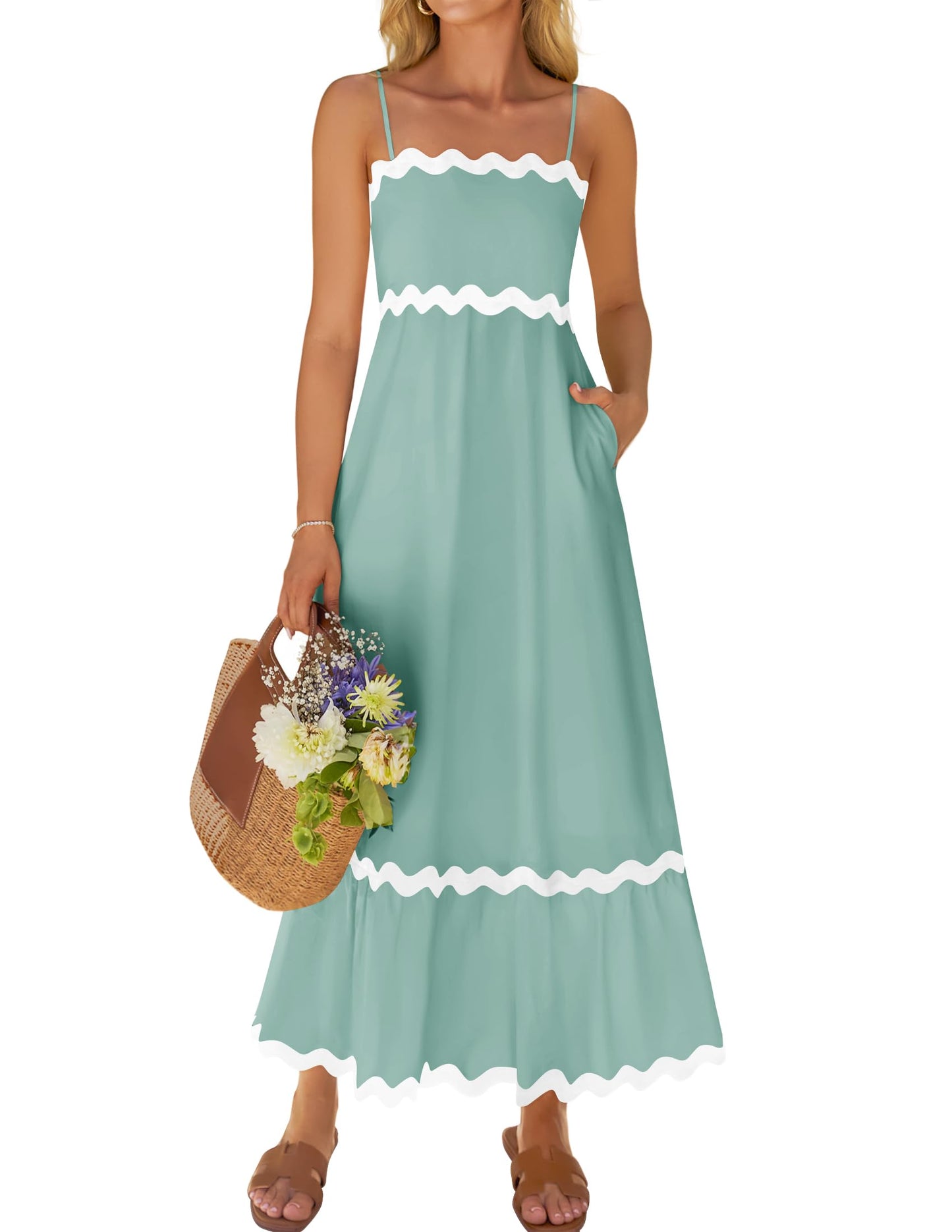 ZESICA Women's 2025 Summer Spaghetti Straps Sleeveless Backless Sundress Flowy Smocked Lace Swing A Line Midi Dress