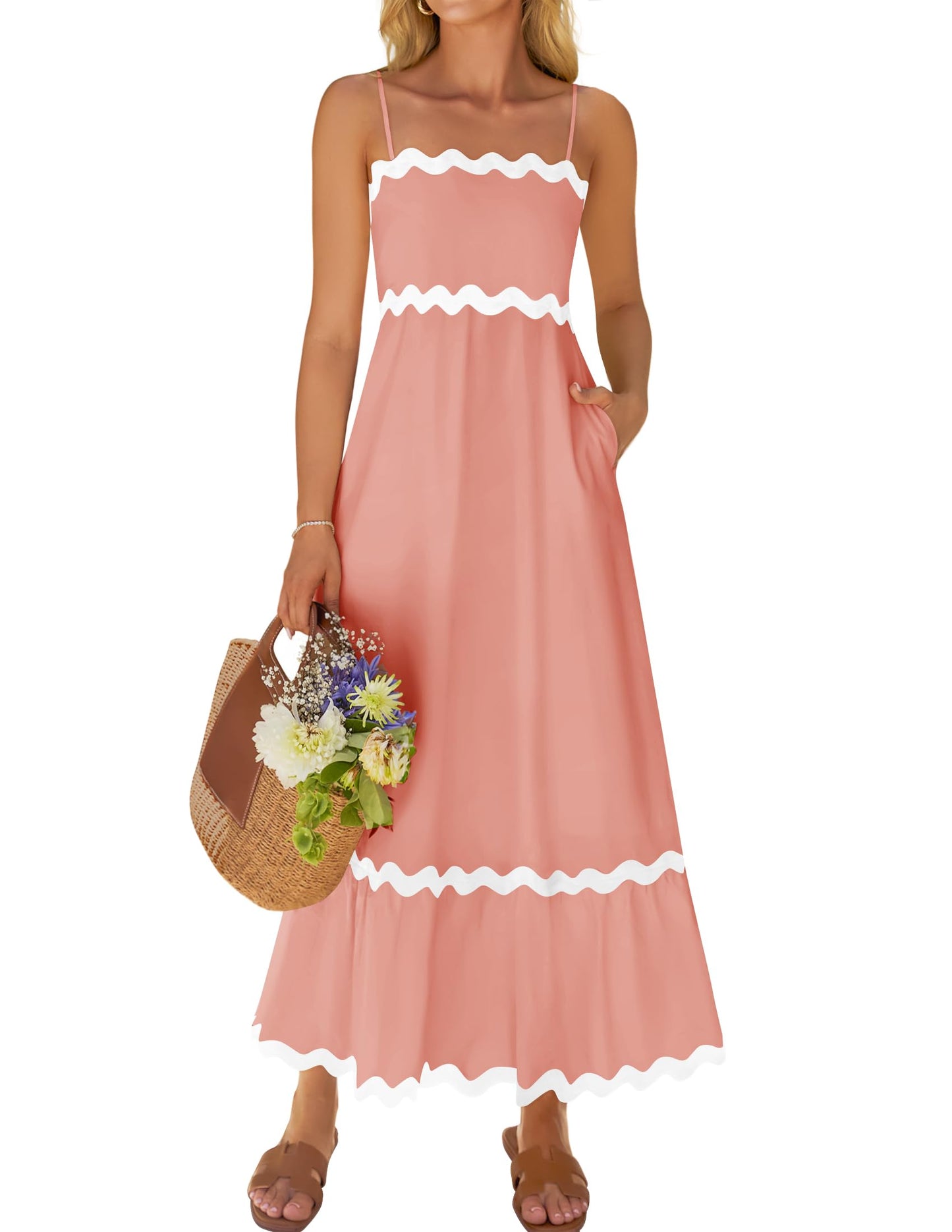 ZESICA Women's 2025 Summer Spaghetti Straps Sleeveless Backless Sundress Flowy Smocked Lace Swing A Line Midi Dress