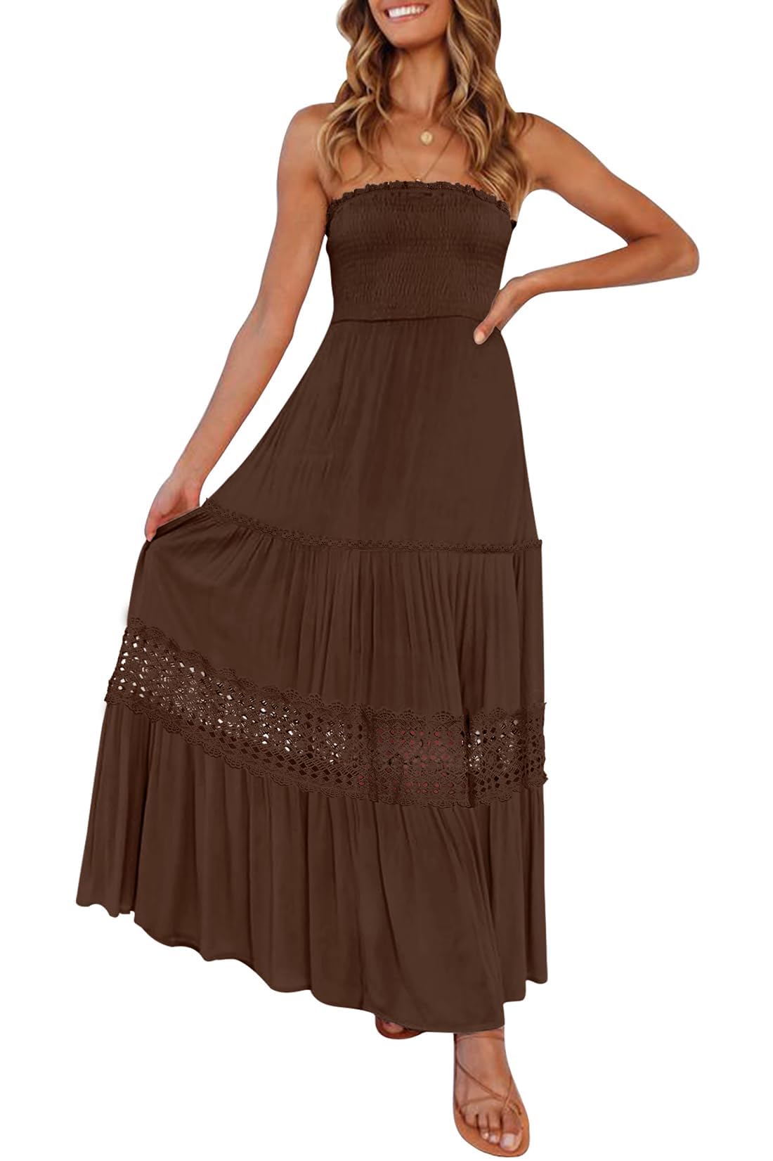 ZESICA Women's 2025 Summer Bohemian Strapless Off Shoulder Lace Trim Backless Flowy A Line Beach Long Maxi Dress