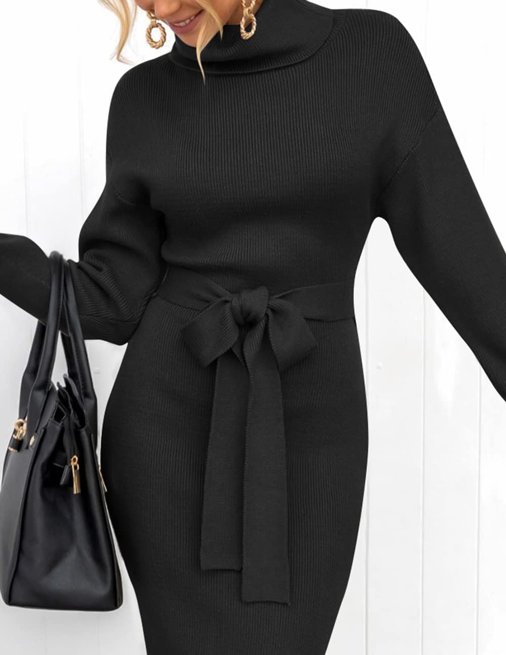 ZESICA Women's Turtleneck Sweater Midi Dress Long Sleeve Ribbed Knit Bodycon Slit Dress with Belt