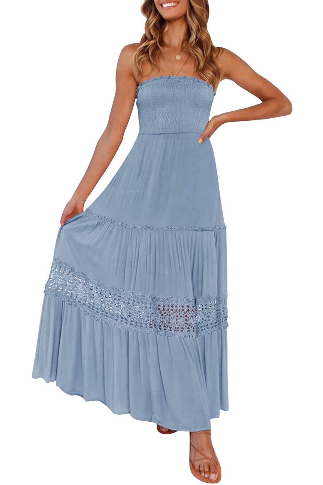 ZESICA Women's 2025 Summer Bohemian Strapless Off Shoulder Lace Trim Backless Flowy A Line Beach Long Maxi Dress