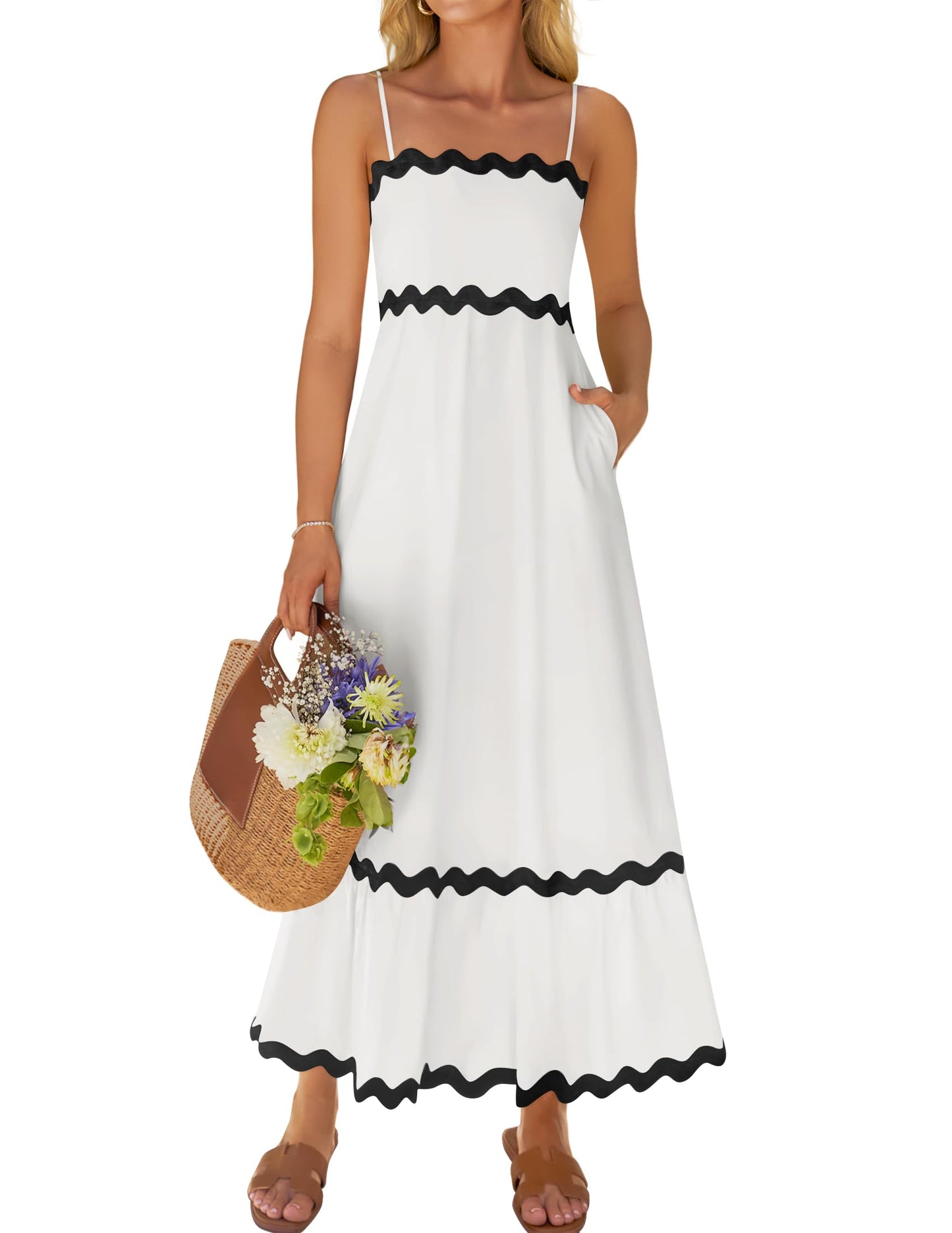 ZESICA Women's 2025 Summer Spaghetti Straps Sleeveless Backless Sundress Flowy Smocked Lace Swing A Line Midi Dress