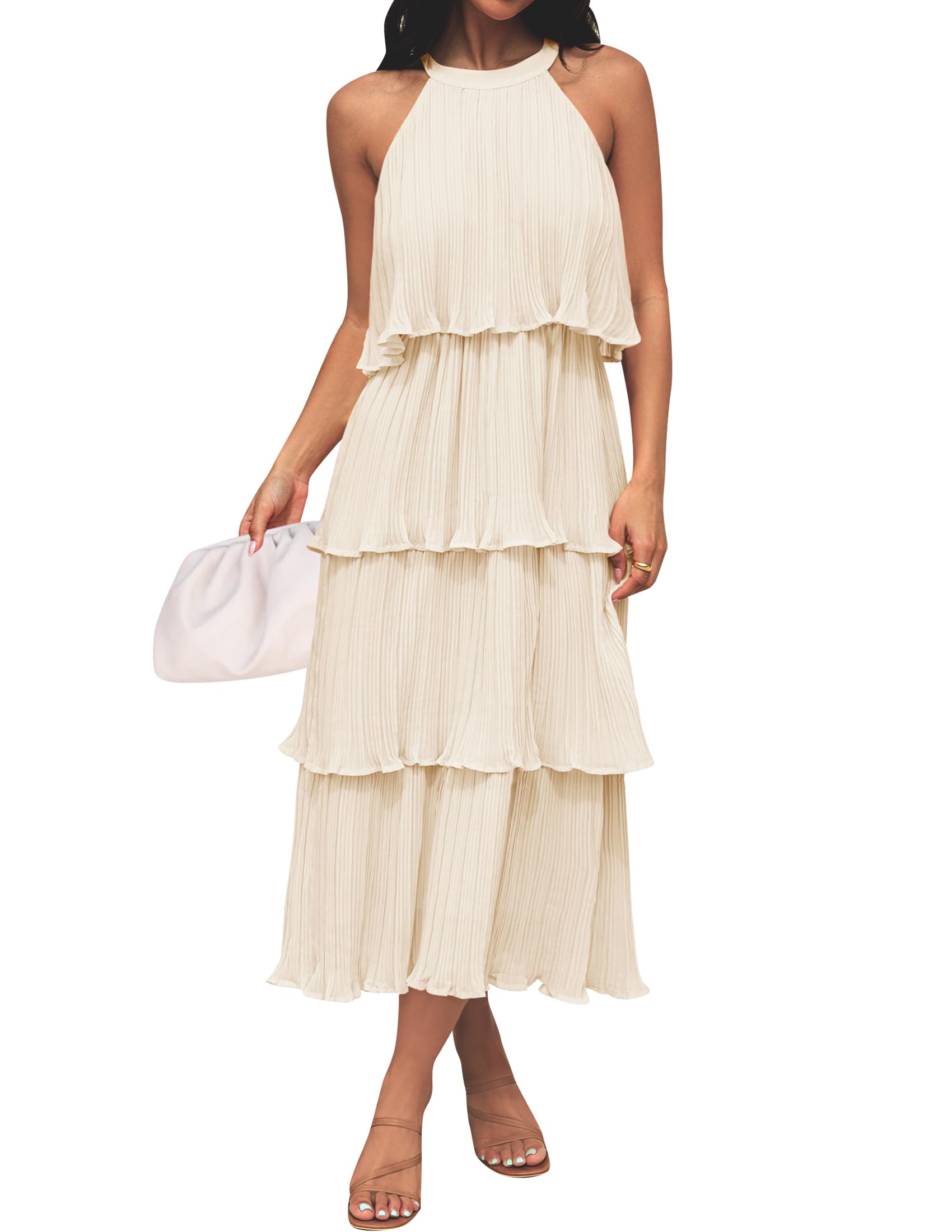 ZESICA Women's 2025 Summer Sleeveless Halter Neck Ruffle Tiered Layed Chiffon Flowy Swing Long Midi Dress