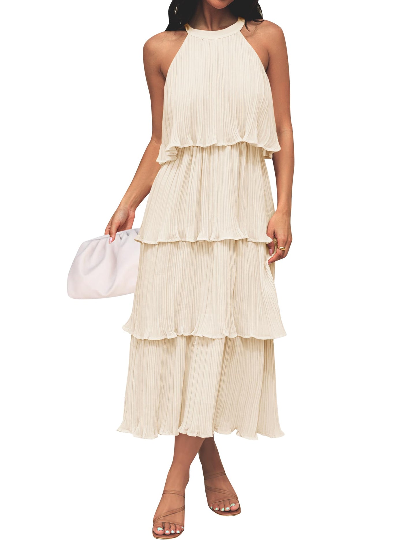 ZESICA Women's 2025 Summer Sleeveless Halter Neck Ruffle Tiered Layed Chiffon Flowy Swing Long Midi Dress