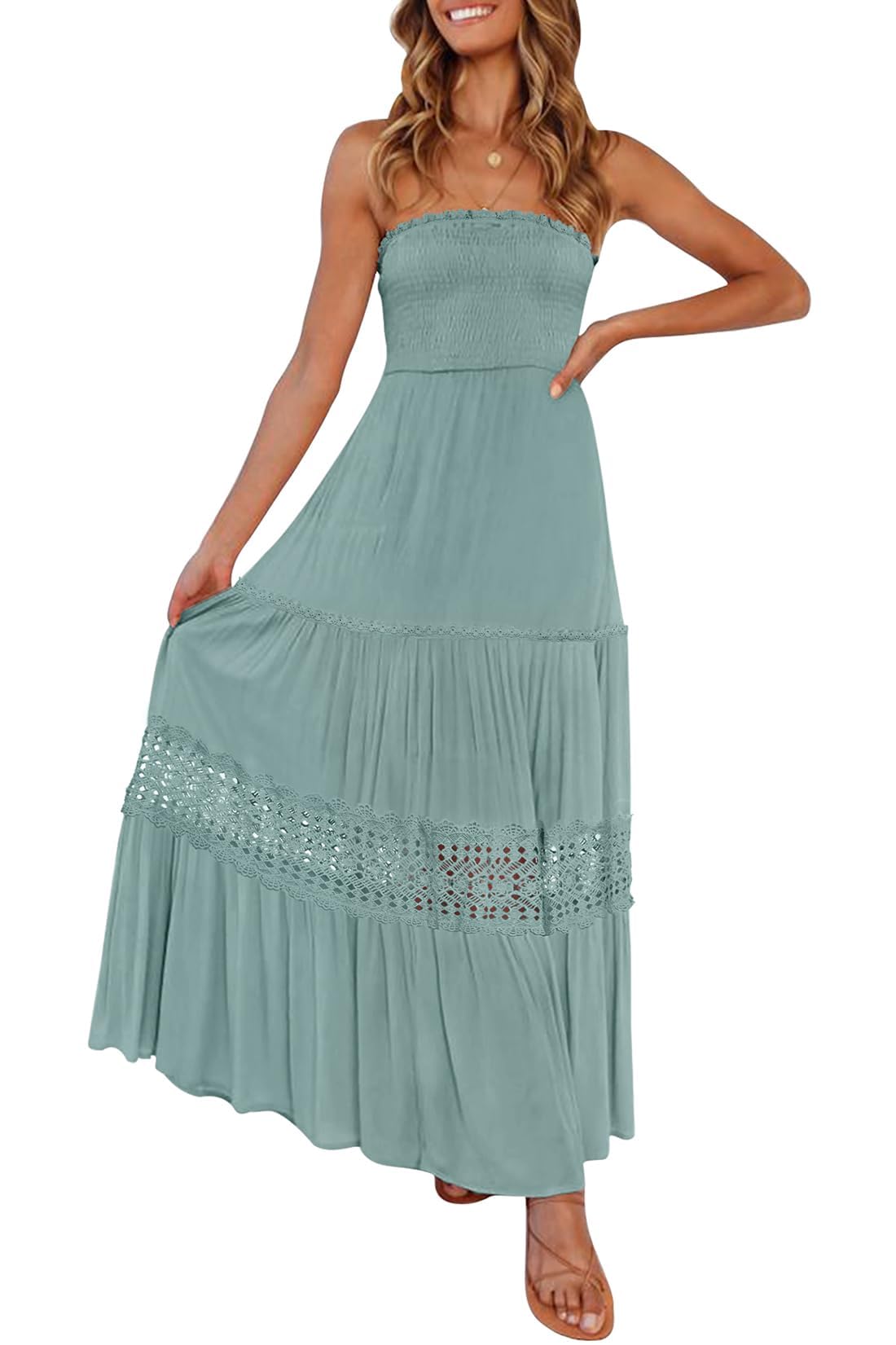 ZESICA Women's 2025 Summer Bohemian Strapless Off Shoulder Lace Trim Backless Flowy A Line Beach Long Maxi Dress
